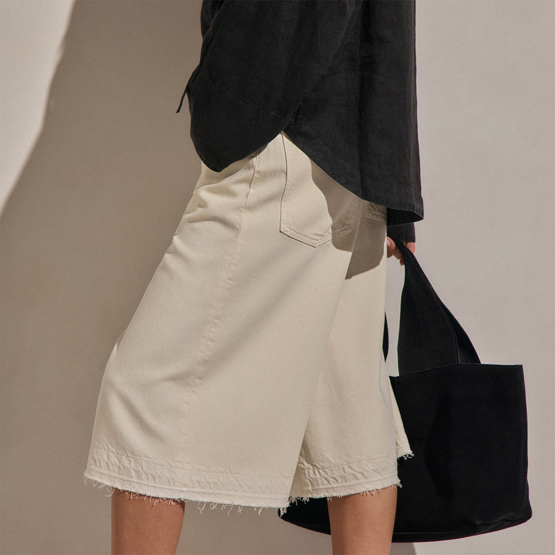 Denim Wide Leg Bermuda Short - Ecru