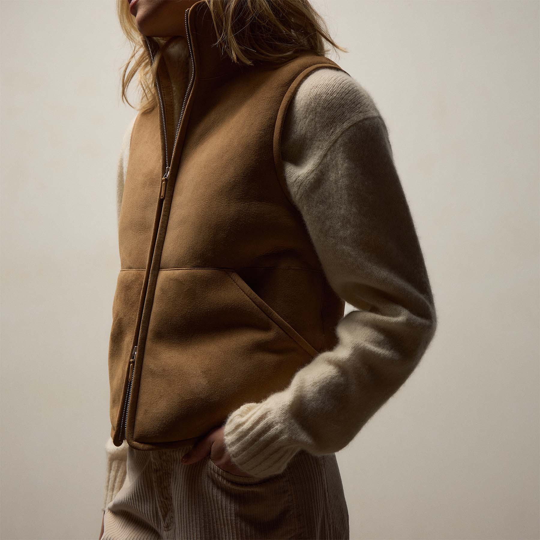Suede Shearling Vest - Caramel