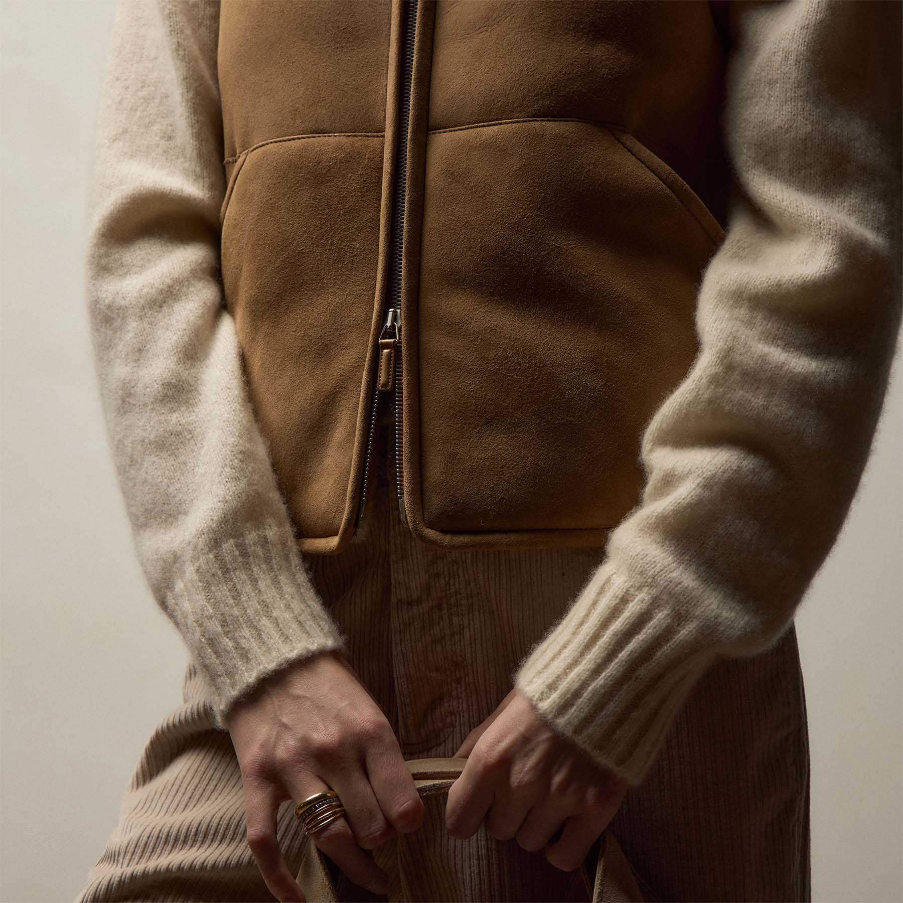 Suede Shearling Vest - Caramel