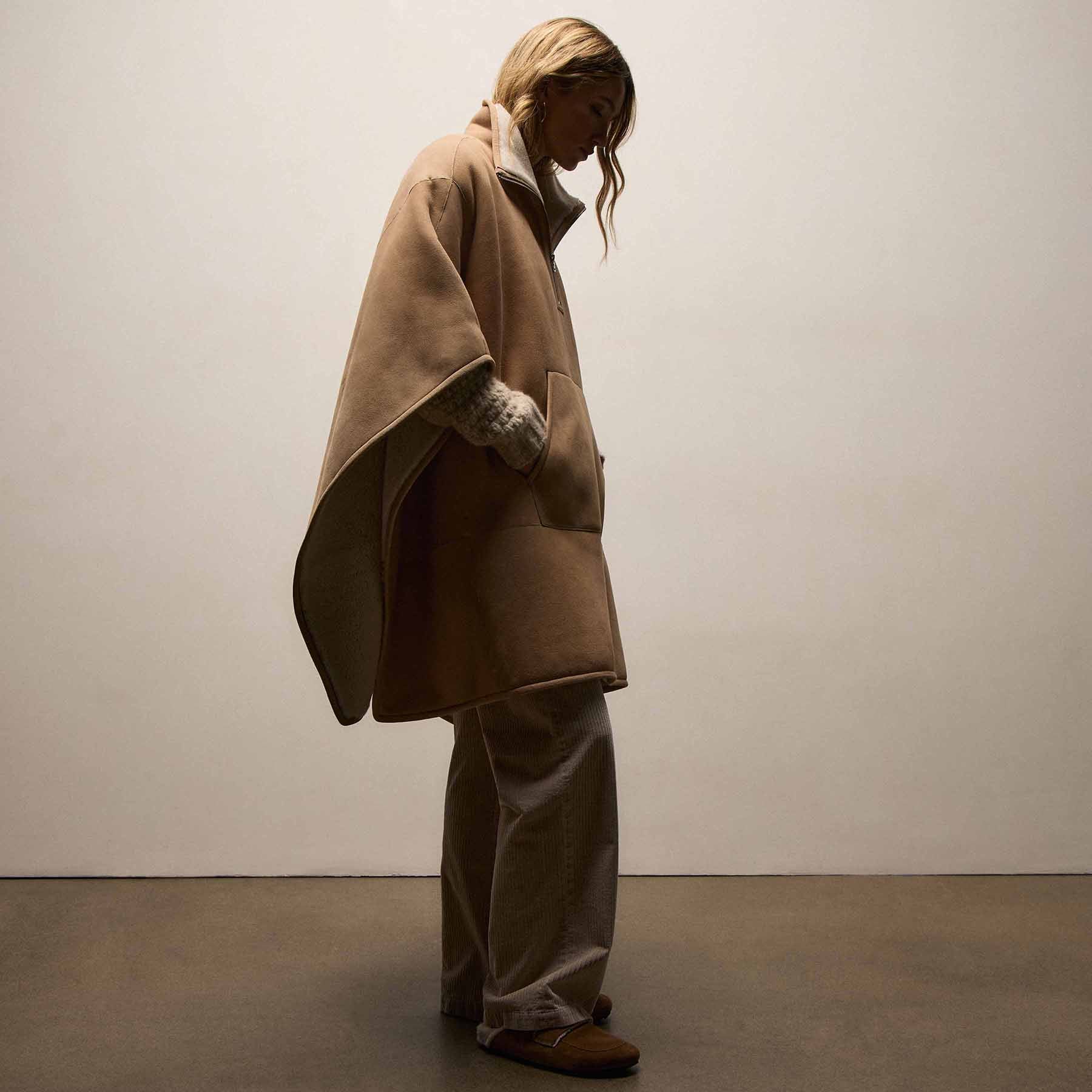 Suede Shearling Poncho - Light Caramel