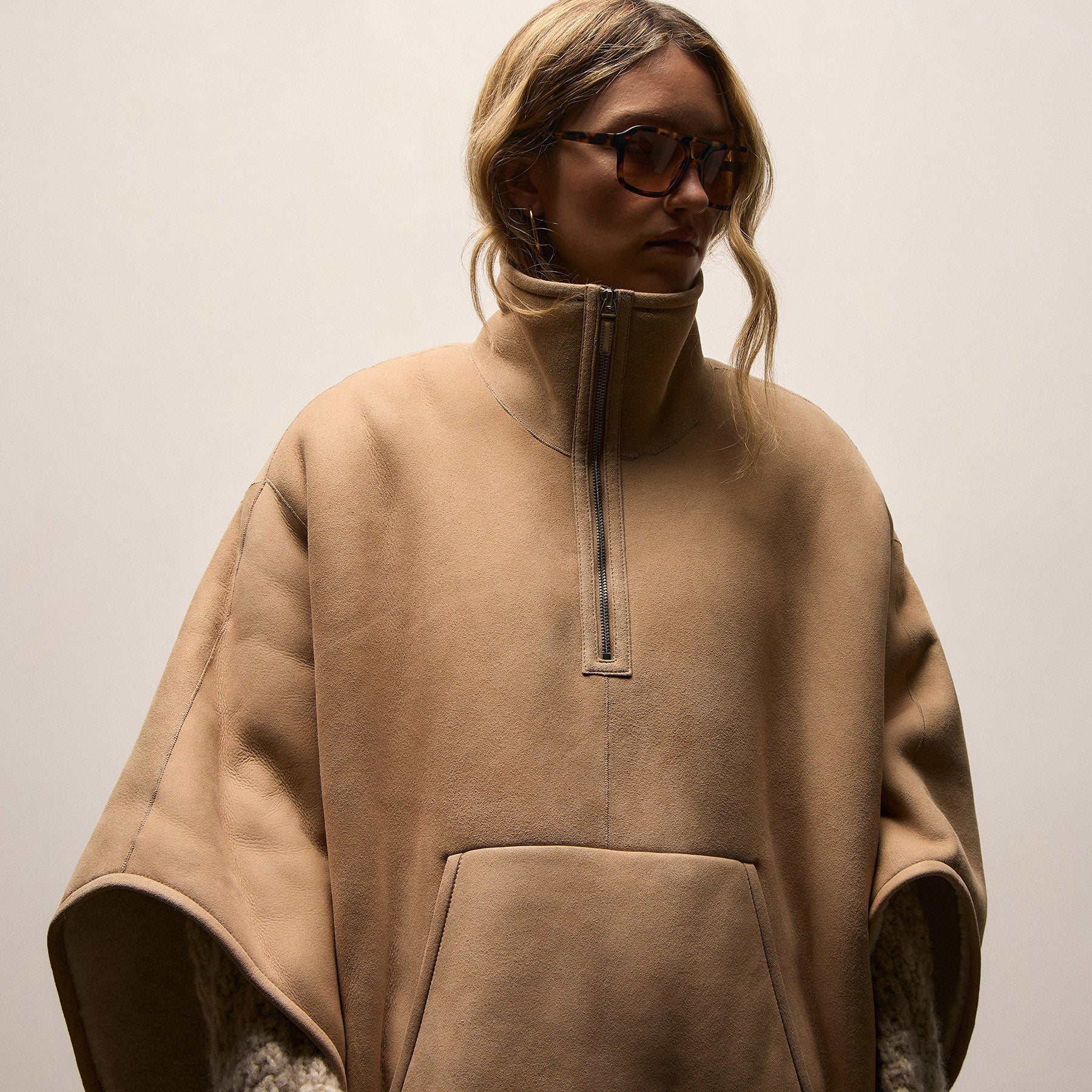 Suede Shearling Poncho - Light Caramel