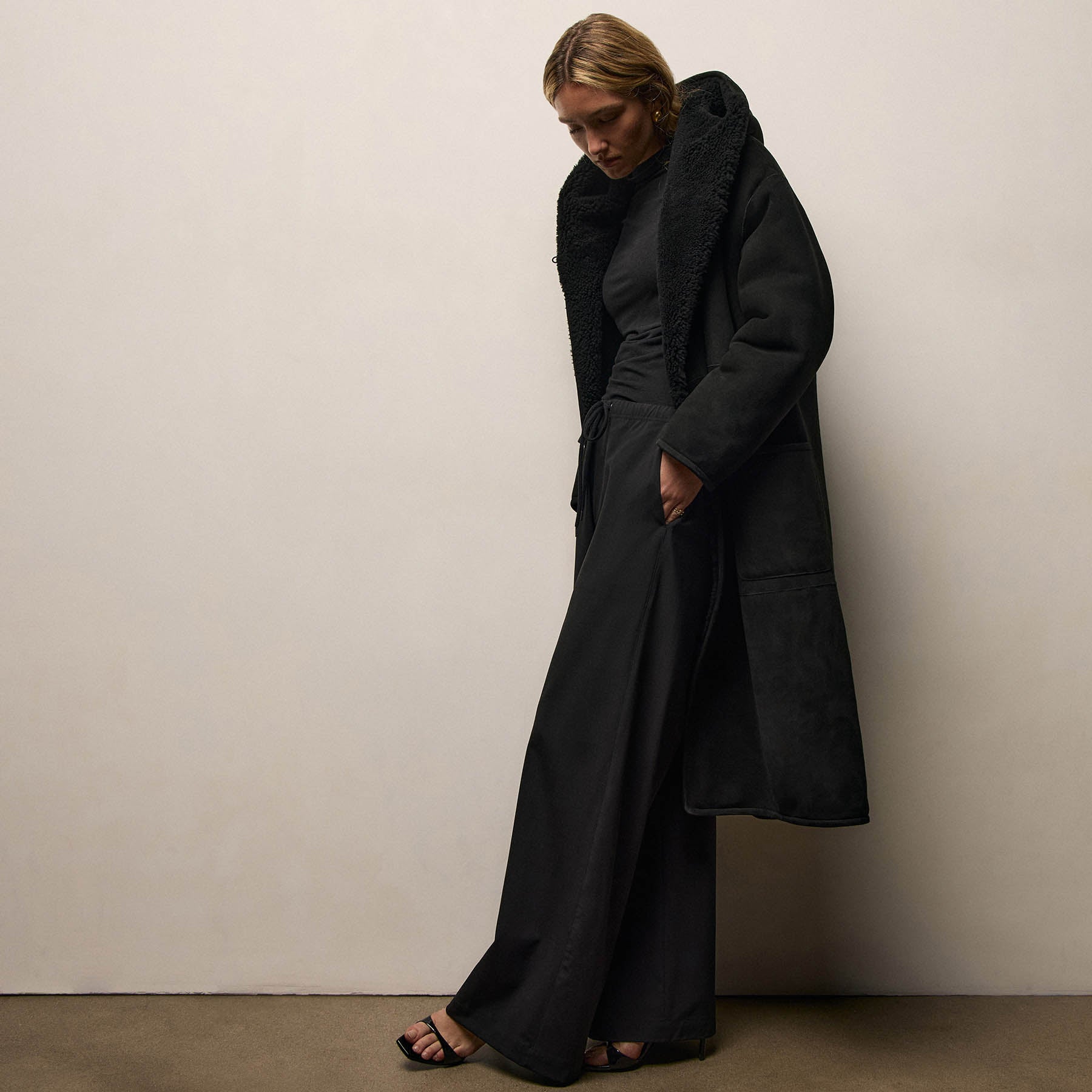 Long Suede Shearling Hooded Coat - Black