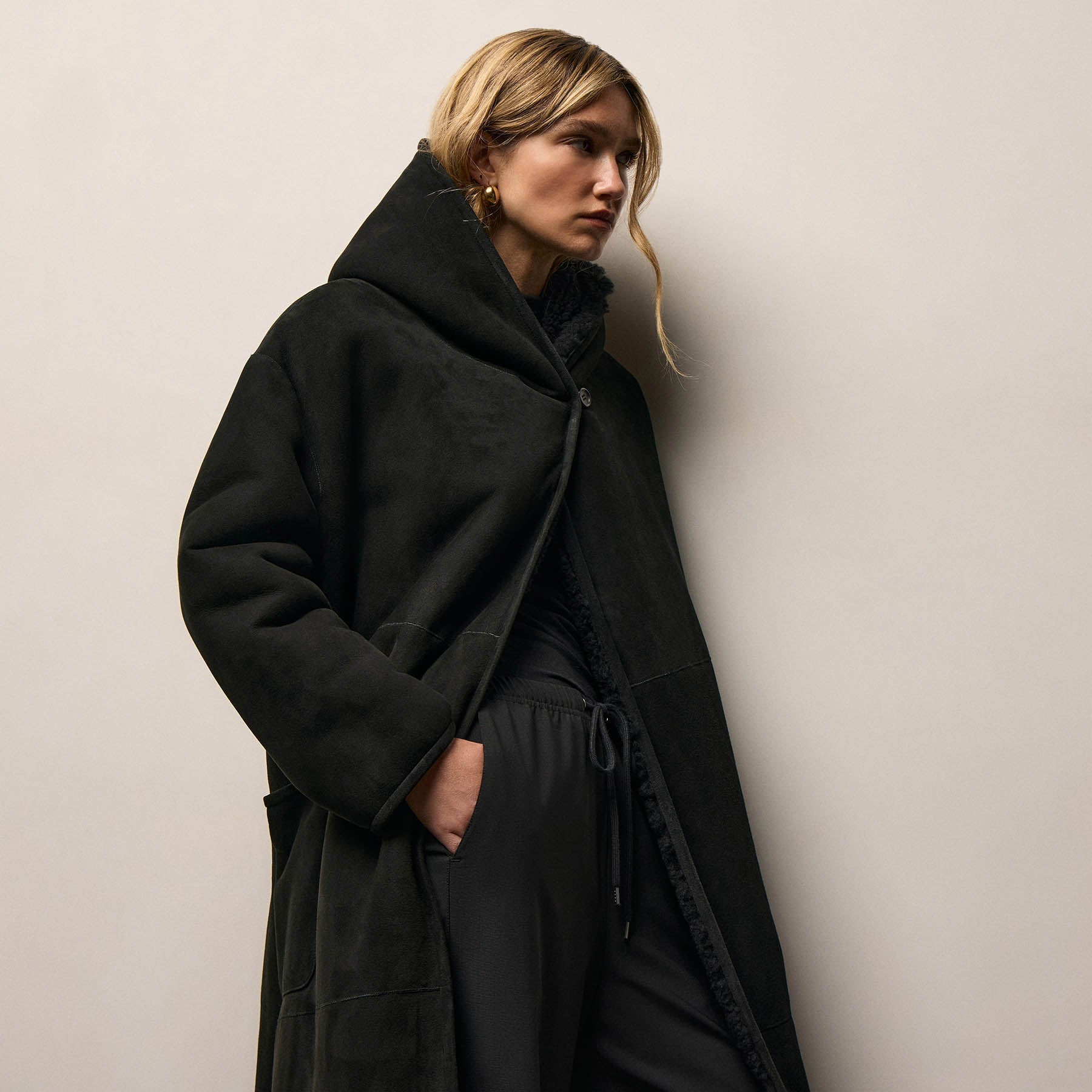 Long Suede Shearling Hooded Coat - Black
