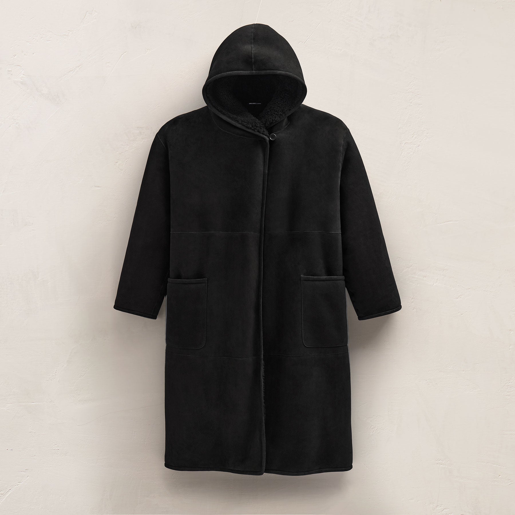 Long Suede Shearling Hooded Coat - Black