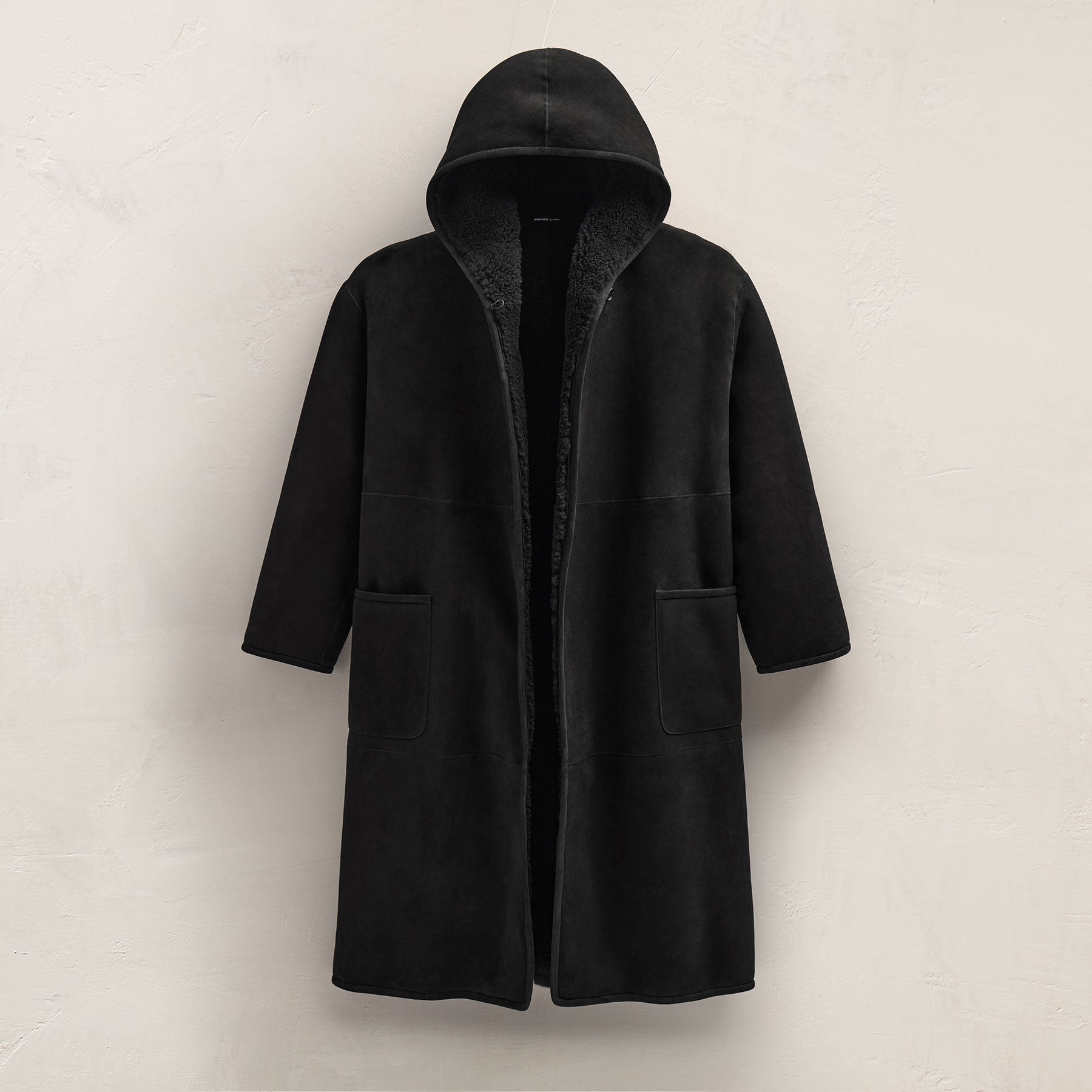 Long Suede Shearling Hooded Coat - Black