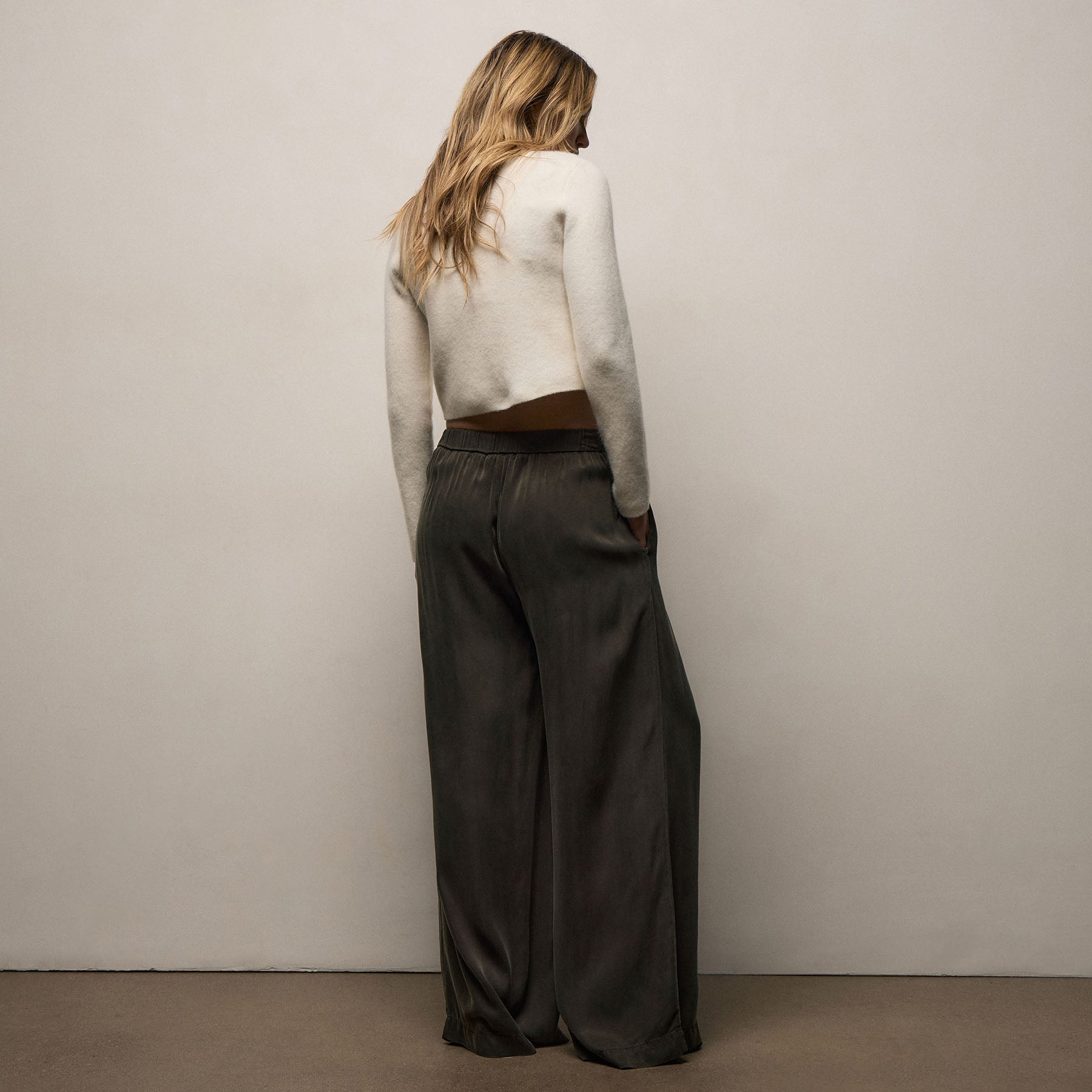 Satin Drawstring Wide Leg Pant - Hemlock Pigment