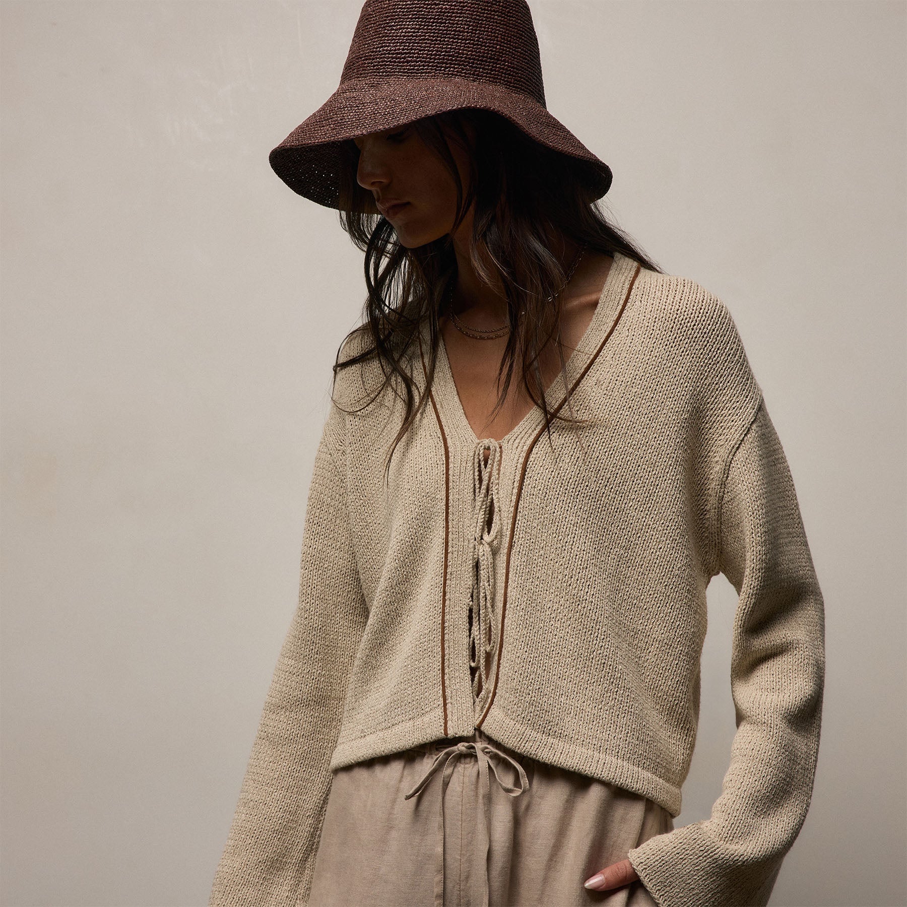 Baja Tie Front Cardigan - Natural/Tobacco