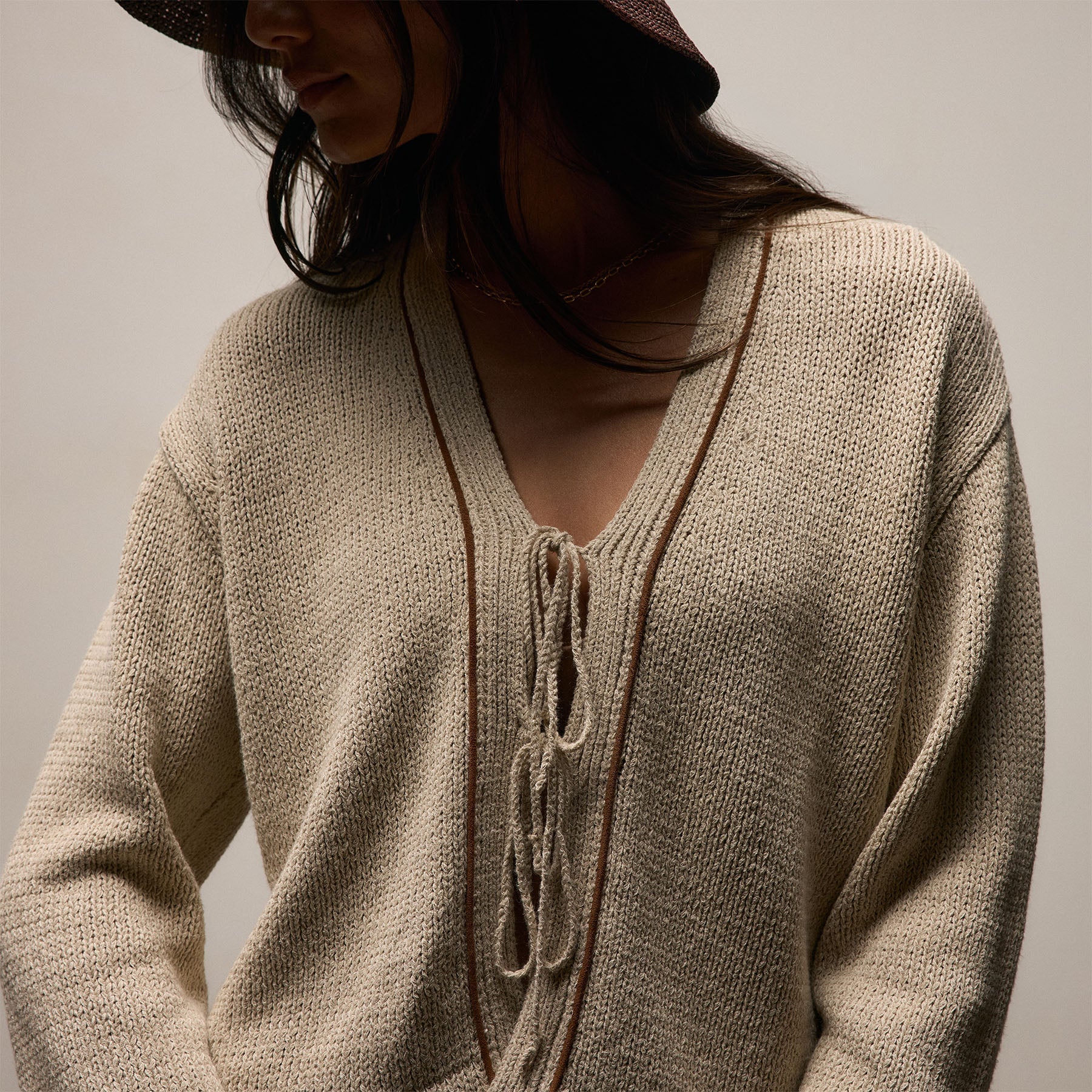 Baja Tie Front Cardigan - Natural/Tobacco