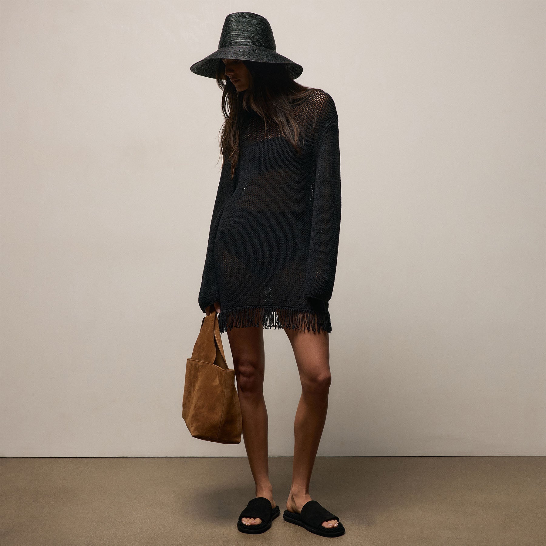 Baja Fringe Cotton Linen Tunic - Black