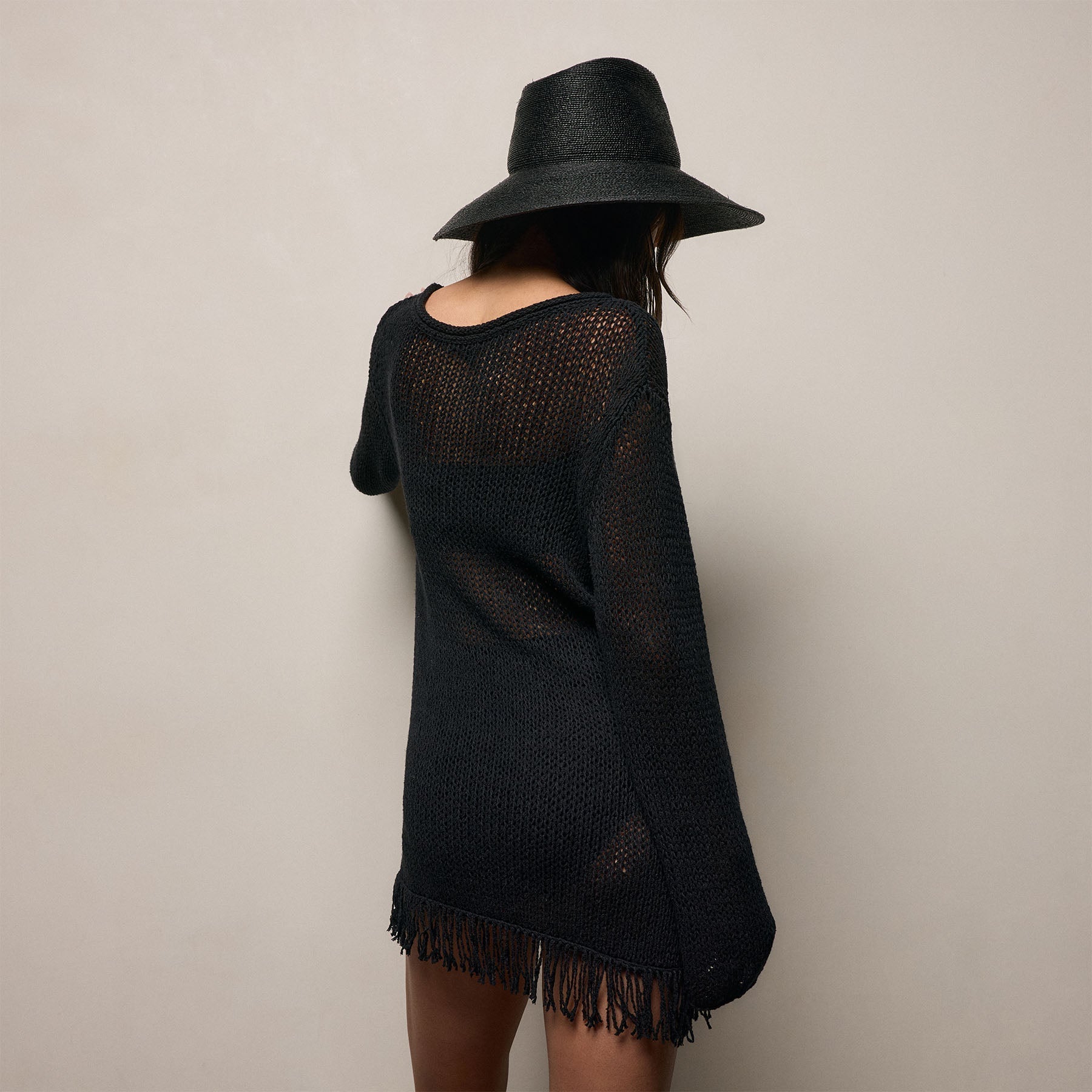 Baja Fringe Cotton Linen Tunic - Black