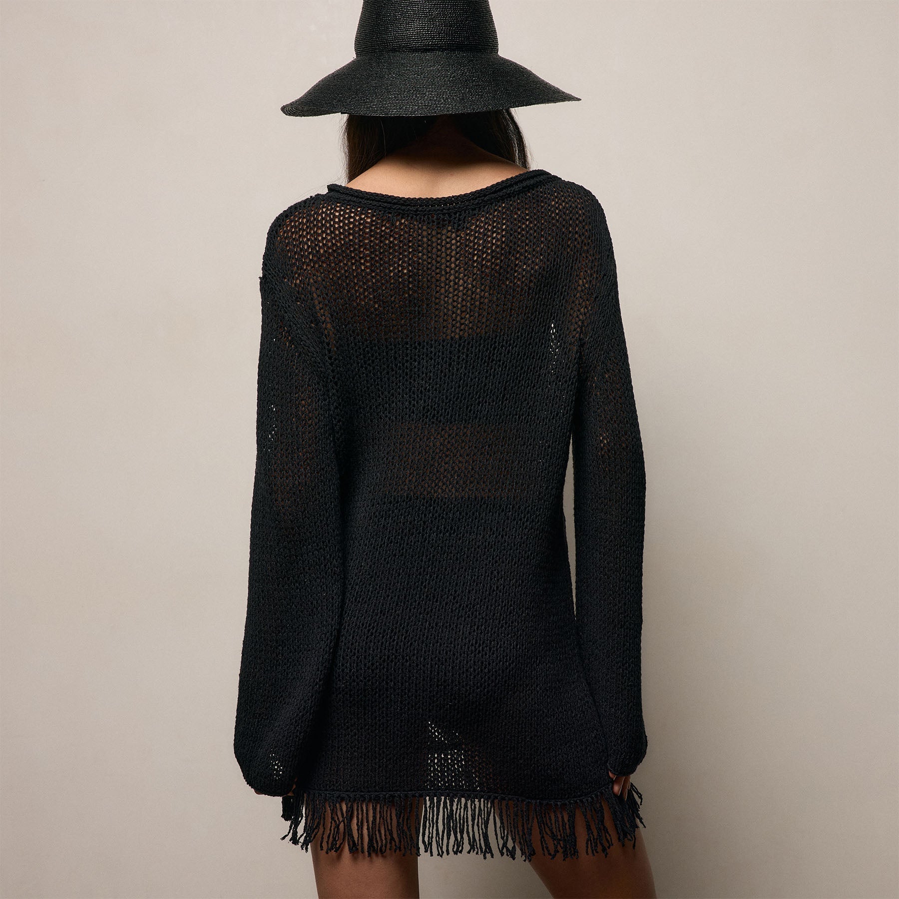 Baja Fringe Cotton Linen Tunic - Black