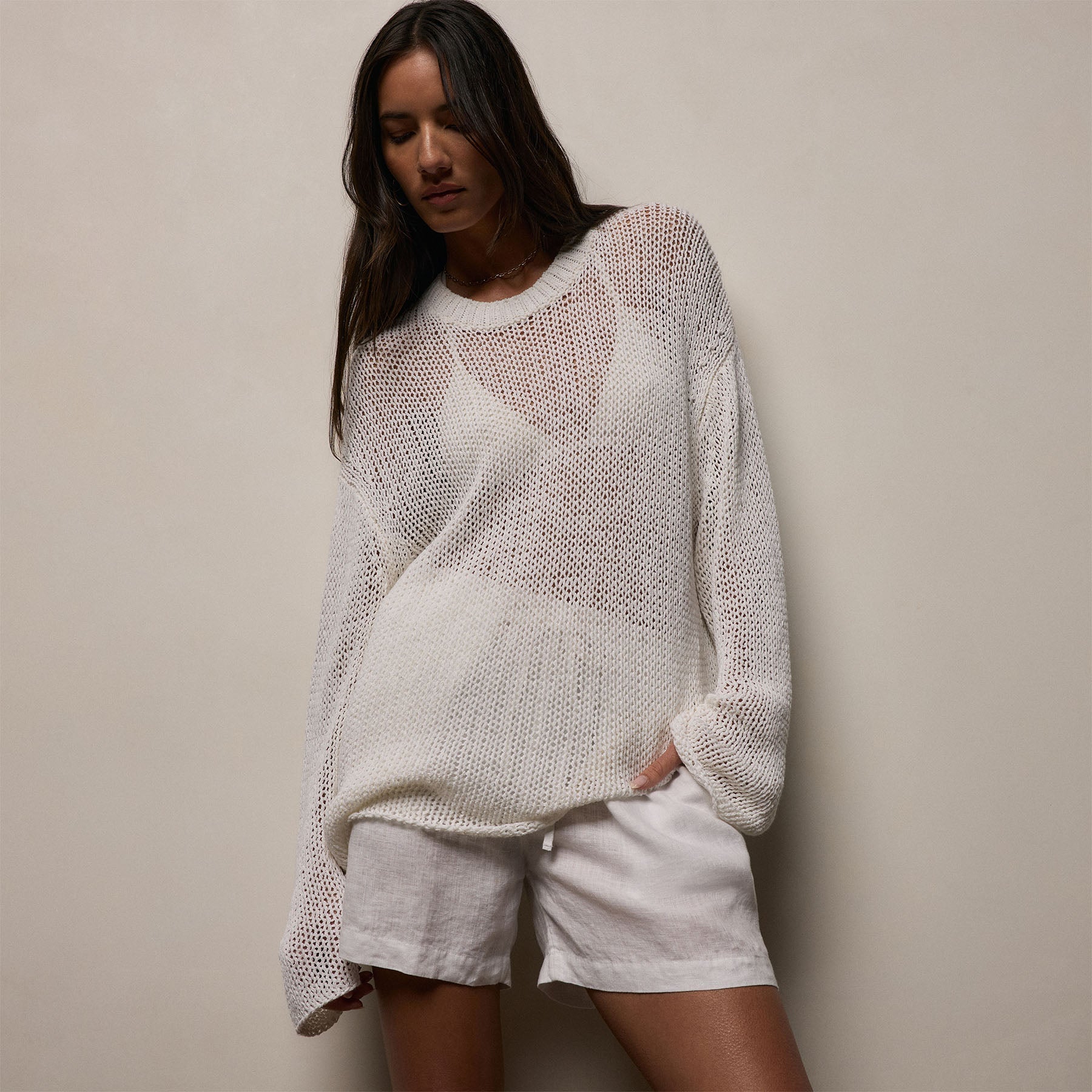 Oversized Cotton Linen Beach Sweater - Off White