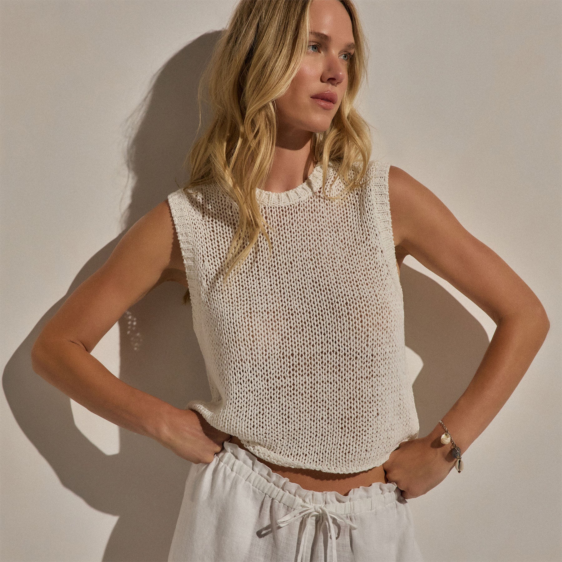 Cotton Linen Sweater Tank - Off White
