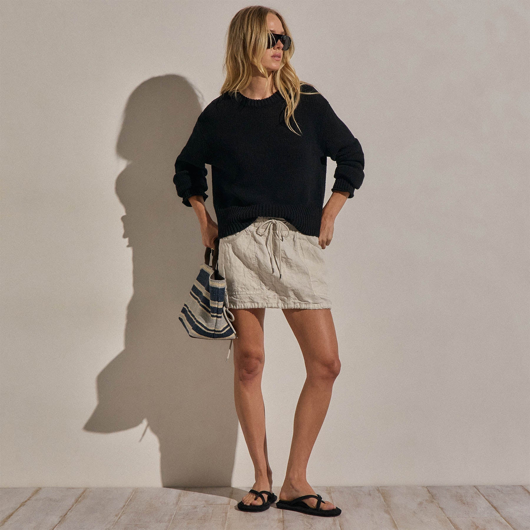 Textured Linen Cotton Sweater - Black