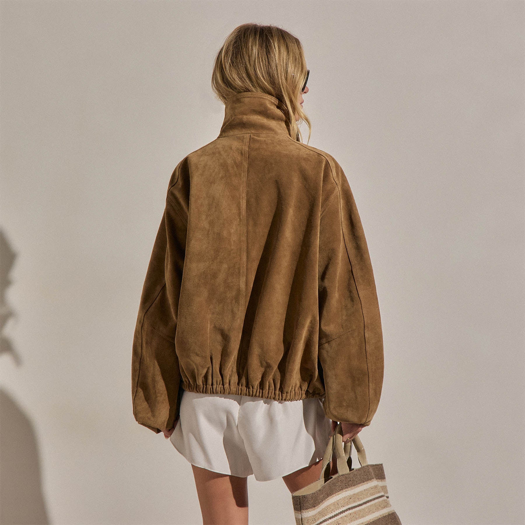 Suede Funnel Neck Jacket - Dark Sand
