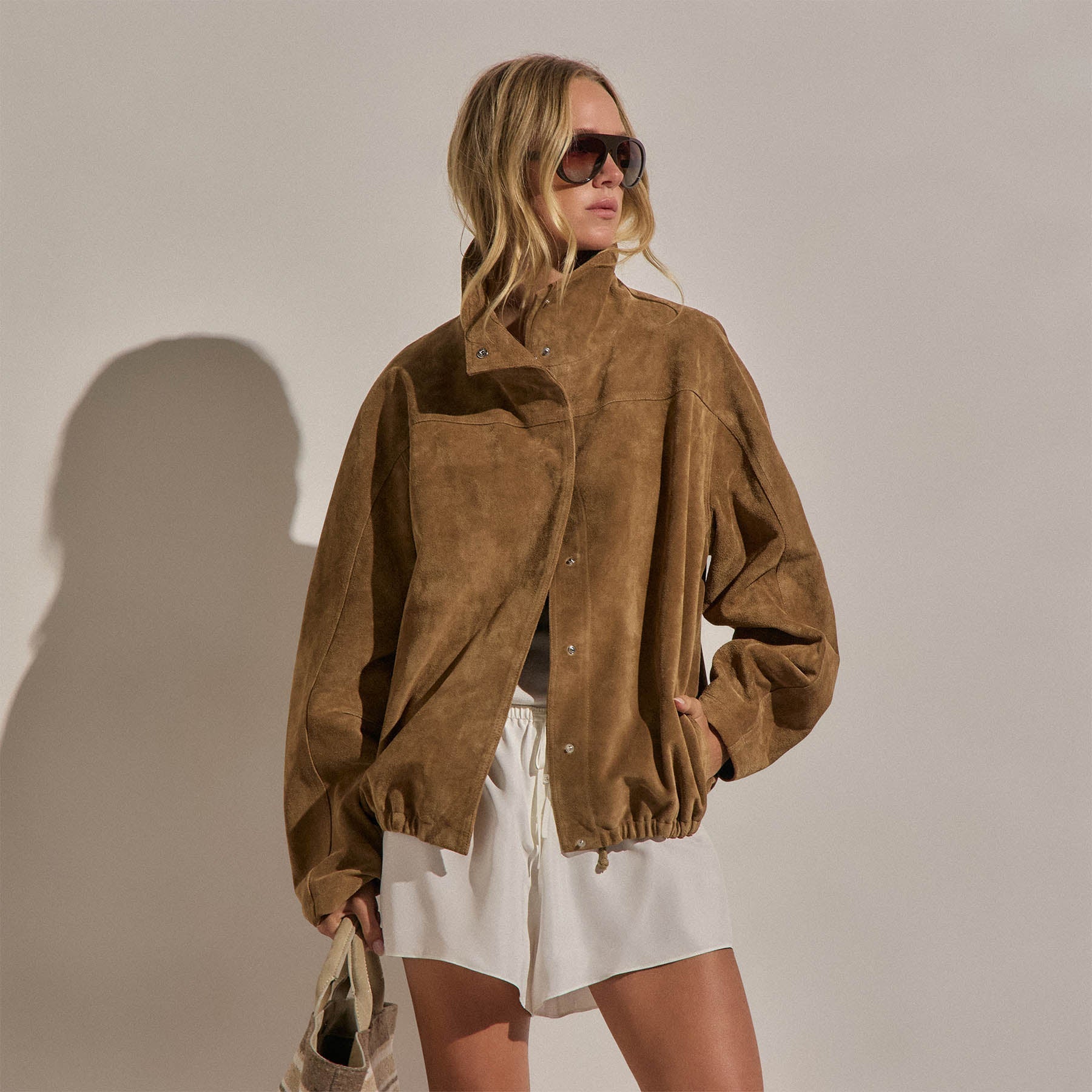 Suede Funnel Neck Jacket - Dark Sand