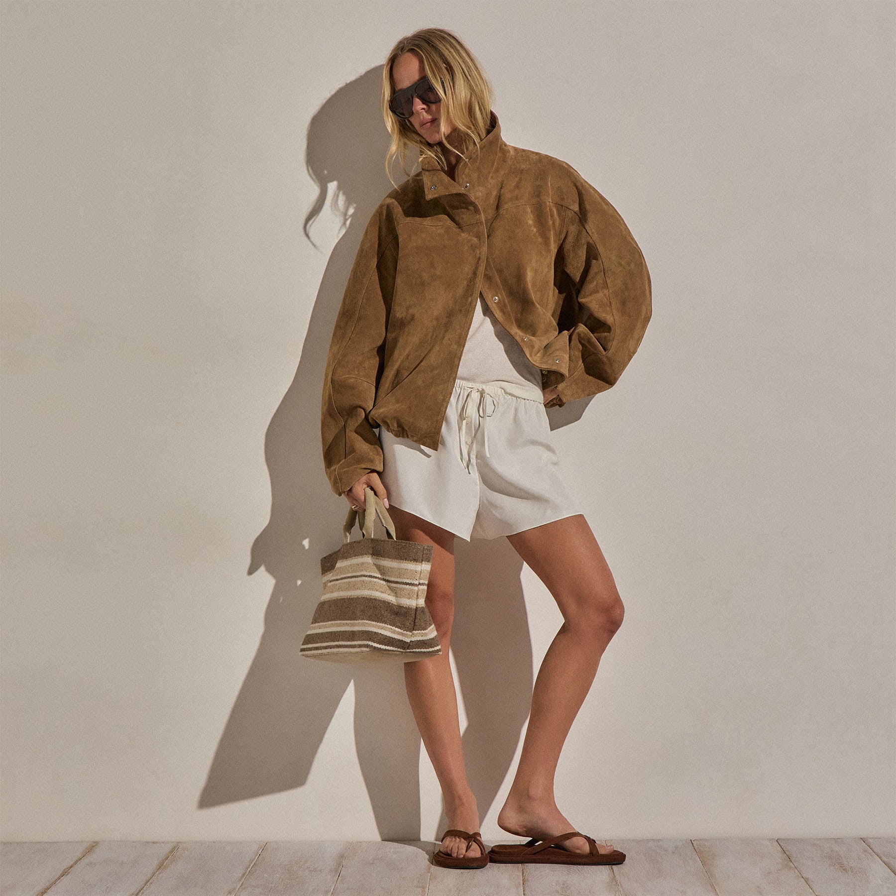 Suede Funnel Neck Jacket - Dark Sand