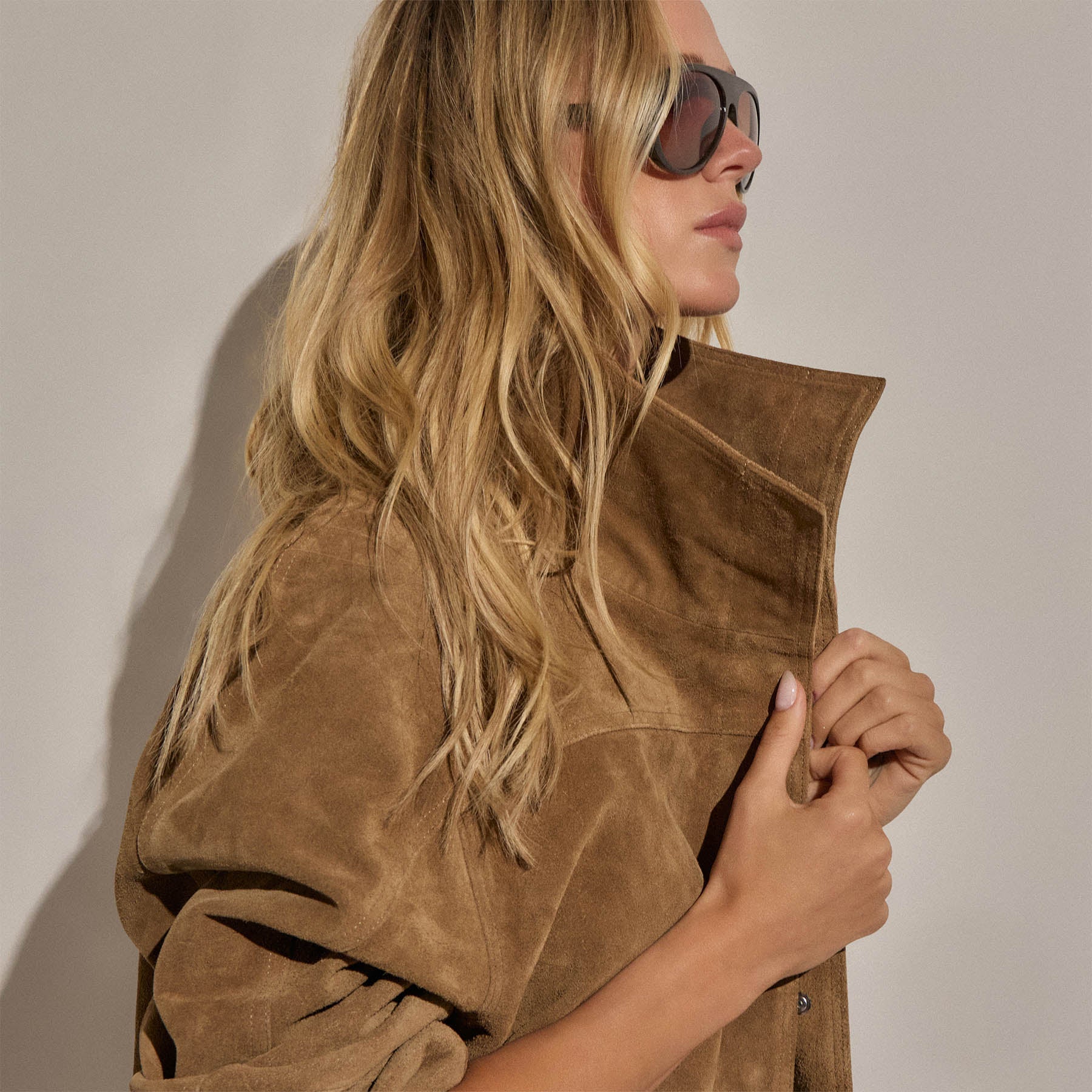 Suede Funnel Neck Jacket - Dark Sand