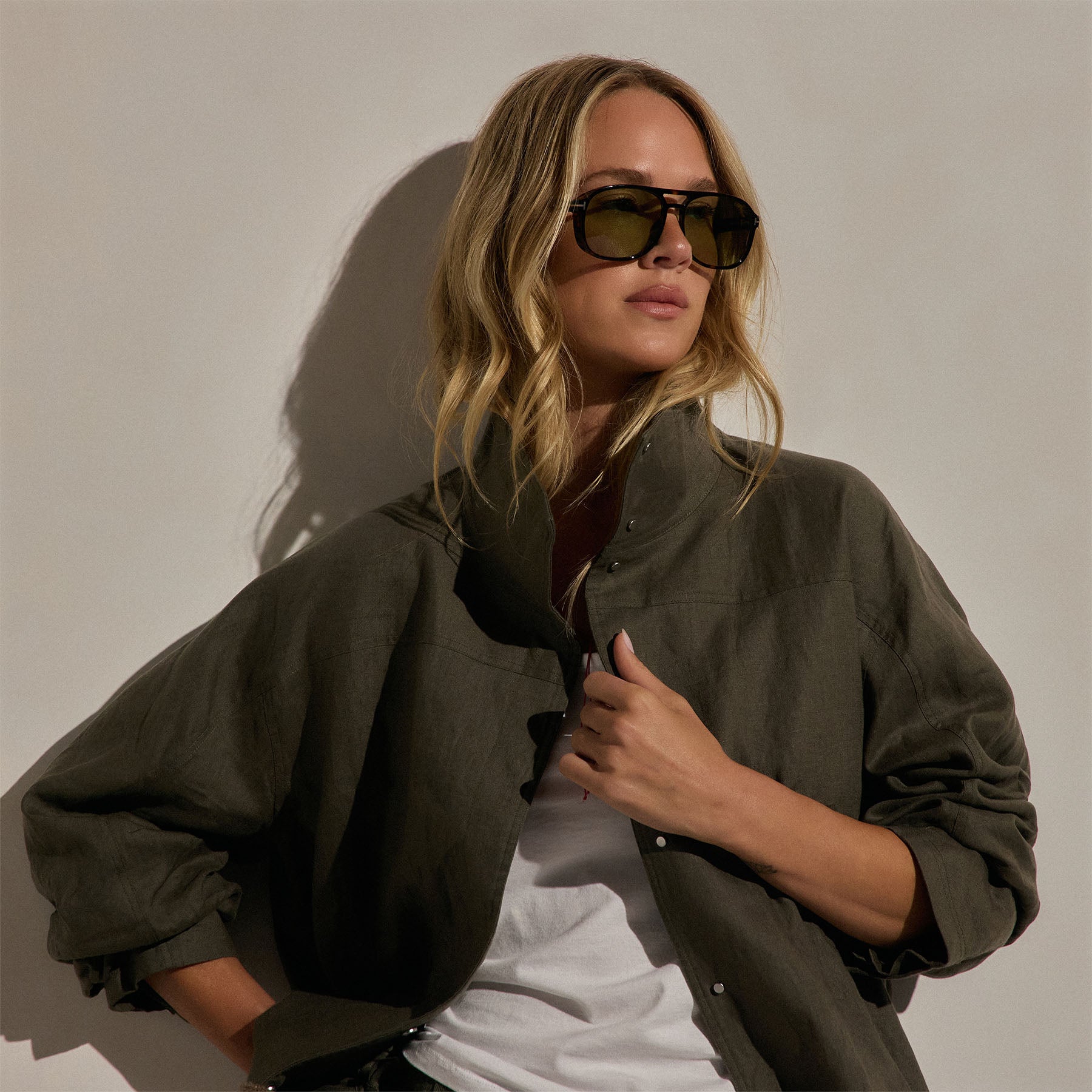 Linen Funnel Neck Jacket - Army Green