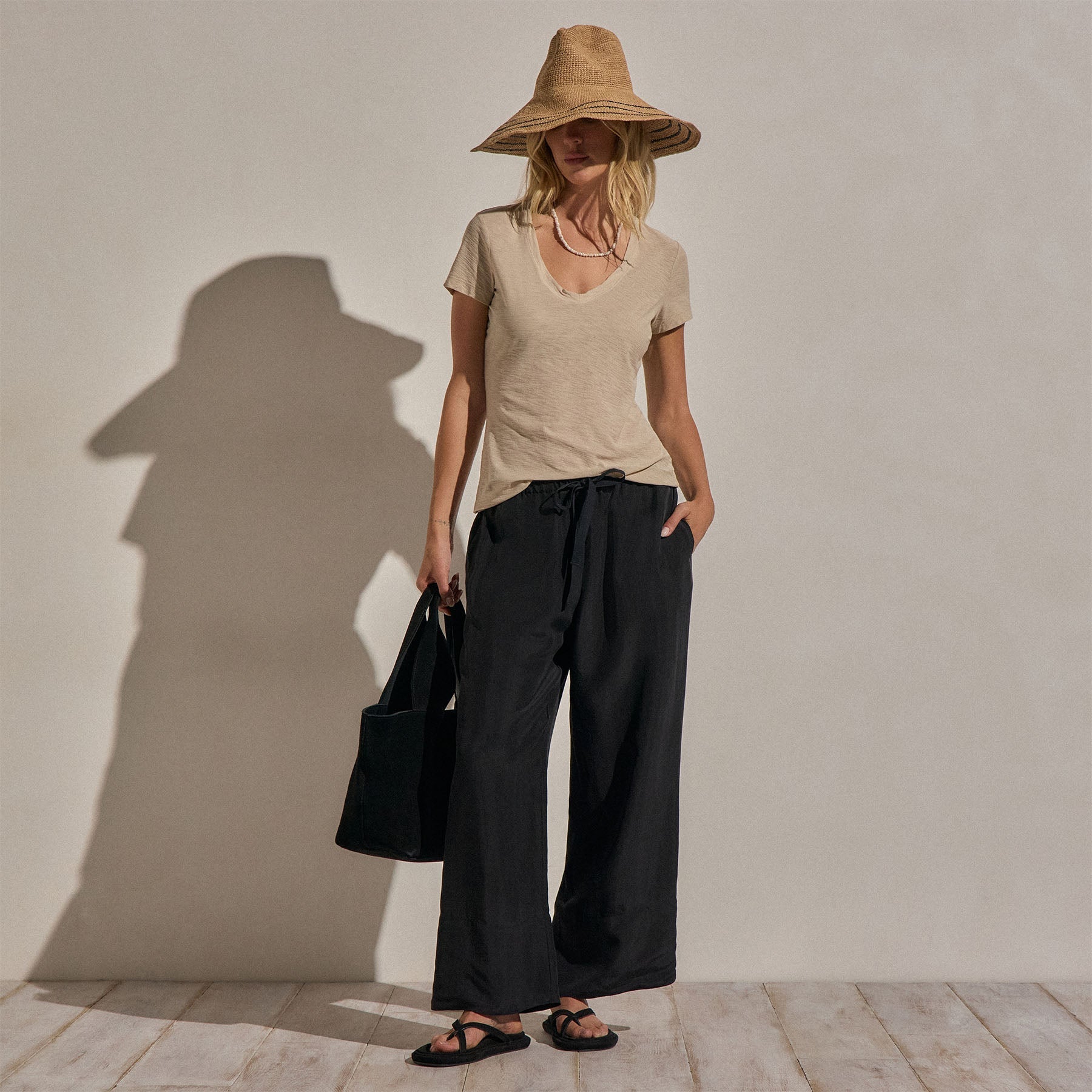 Sheer Slub V Neck - Stone