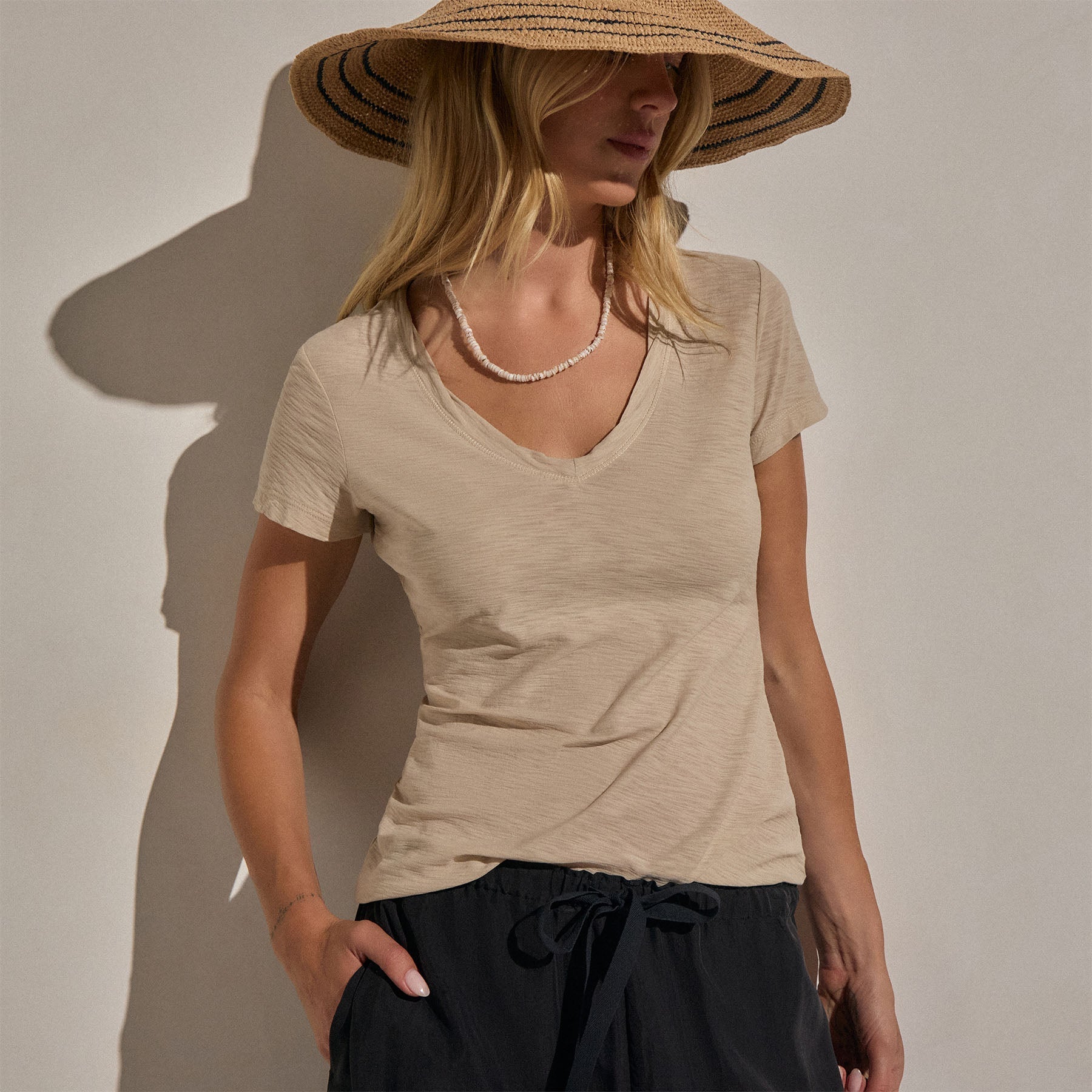 Sheer Slub V Neck - Stone