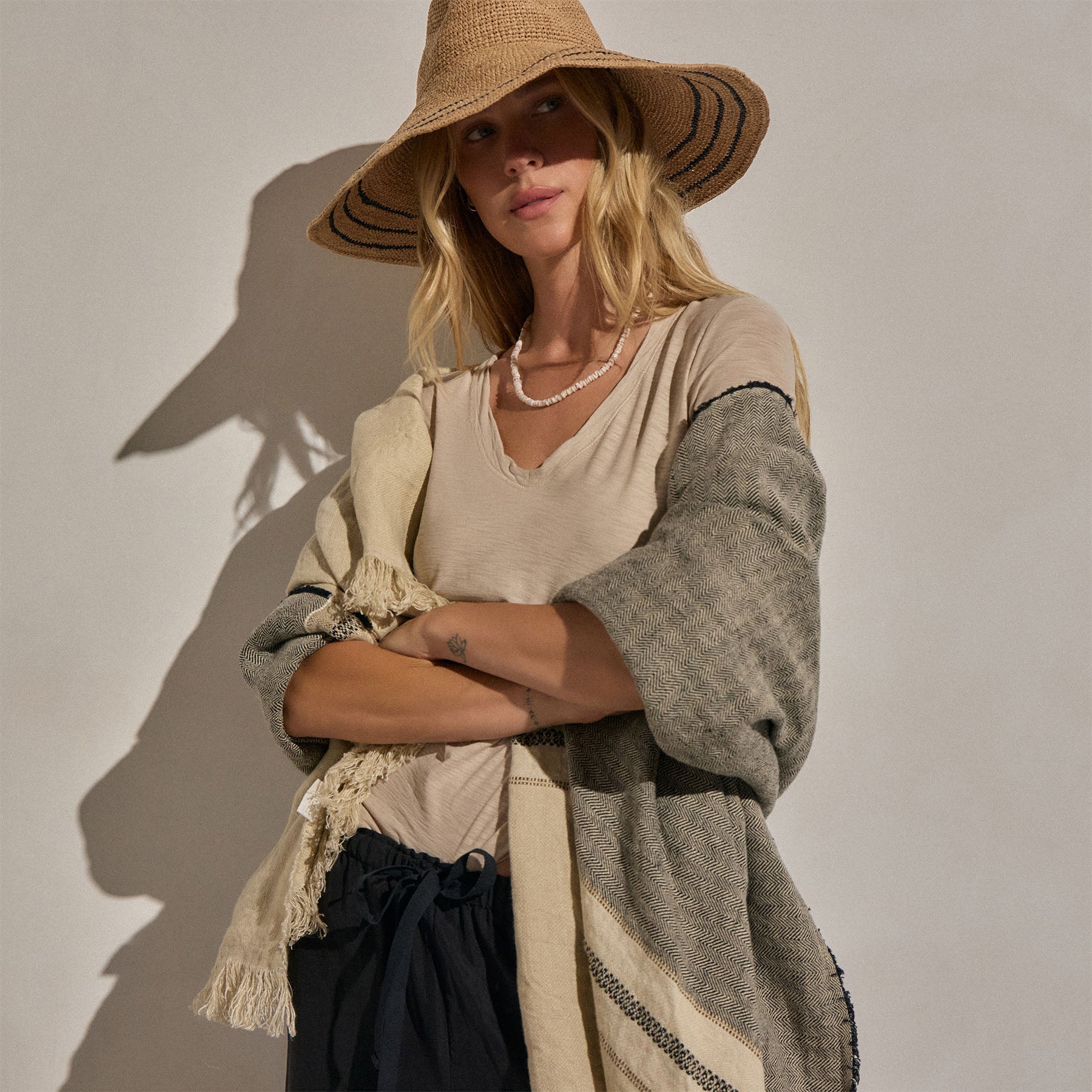 Sheer Slub V Neck - Stone