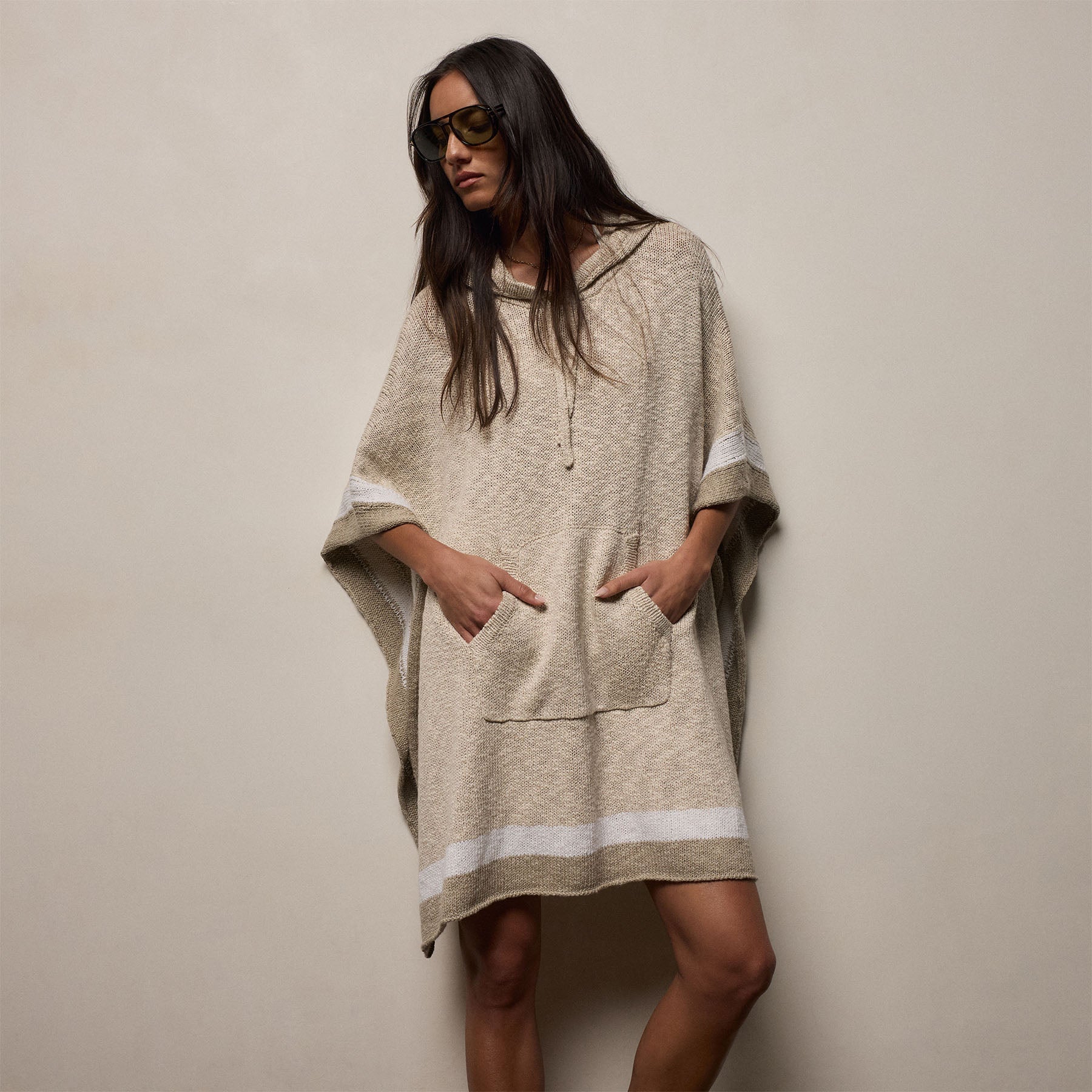Baja Surf Hooded Poncho - Natural/White/Taupe