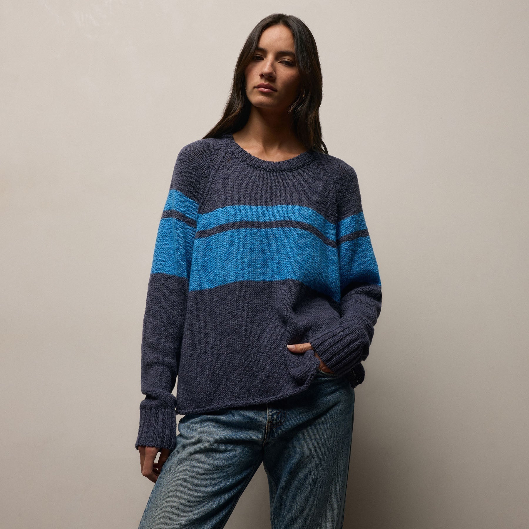 Surf Stripe Cotton Linen Sweater - Faded Navy/Santorini