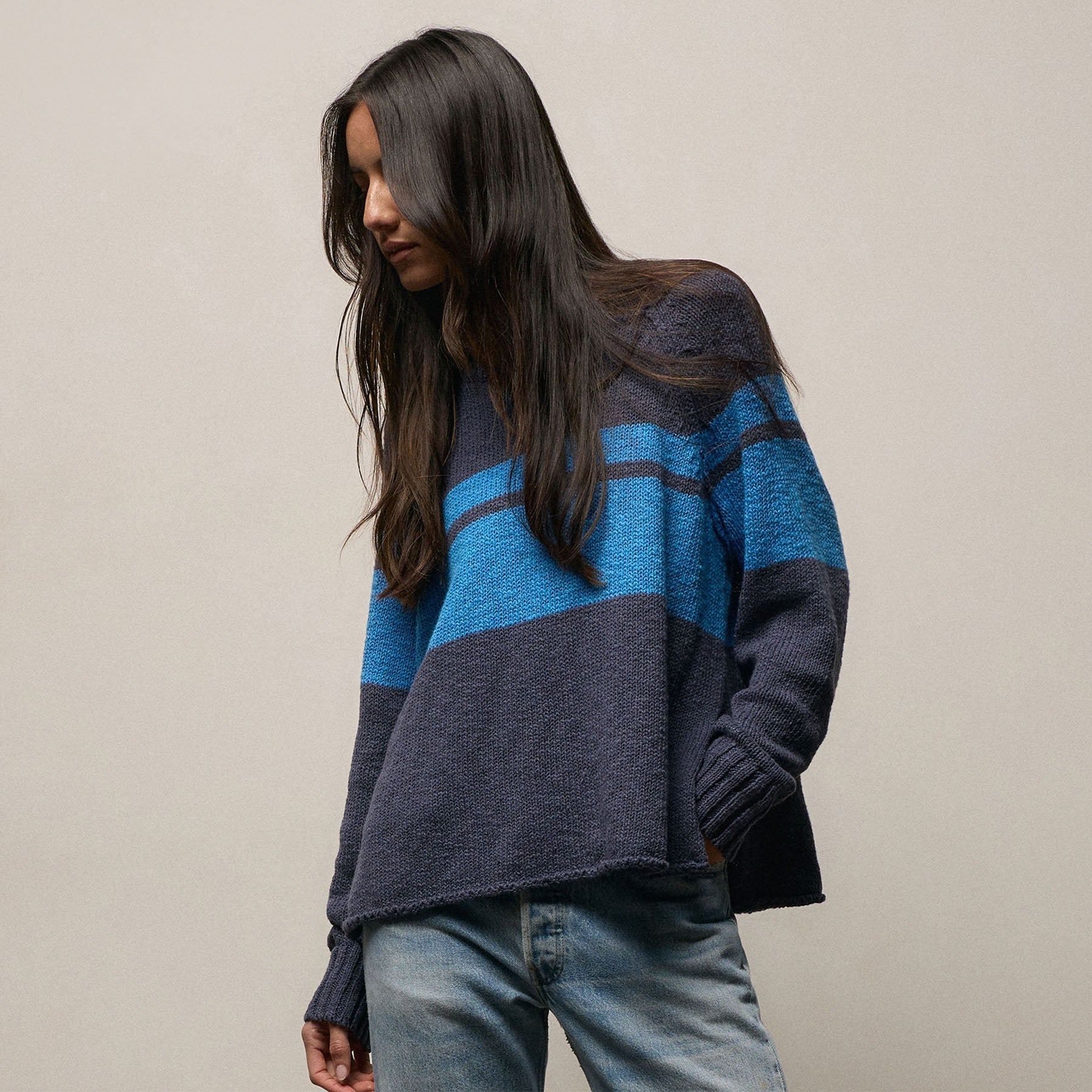 Surf Stripe Cotton Linen Sweater - Faded Navy/Santorini