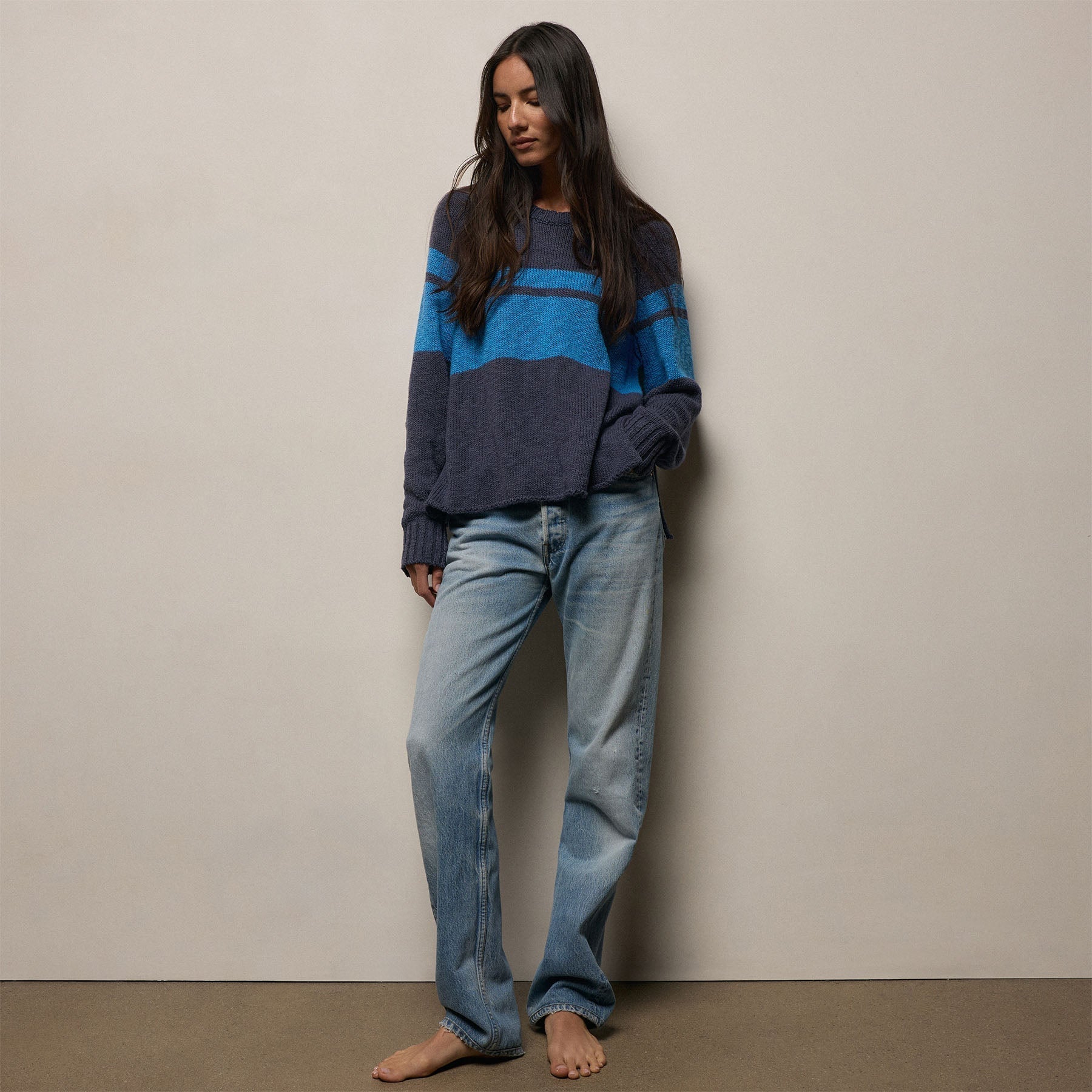 Surf Stripe Cotton Linen Sweater - Faded Navy/Santorini