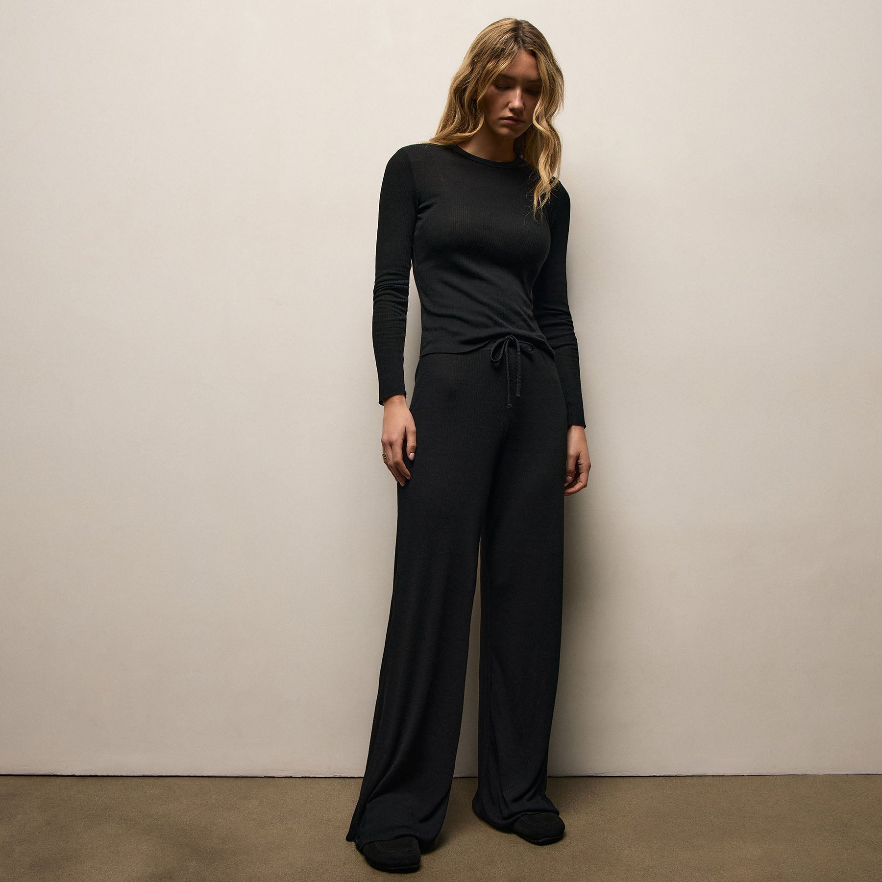 Wool Rib Long Sleeve Lounge Tee - Black