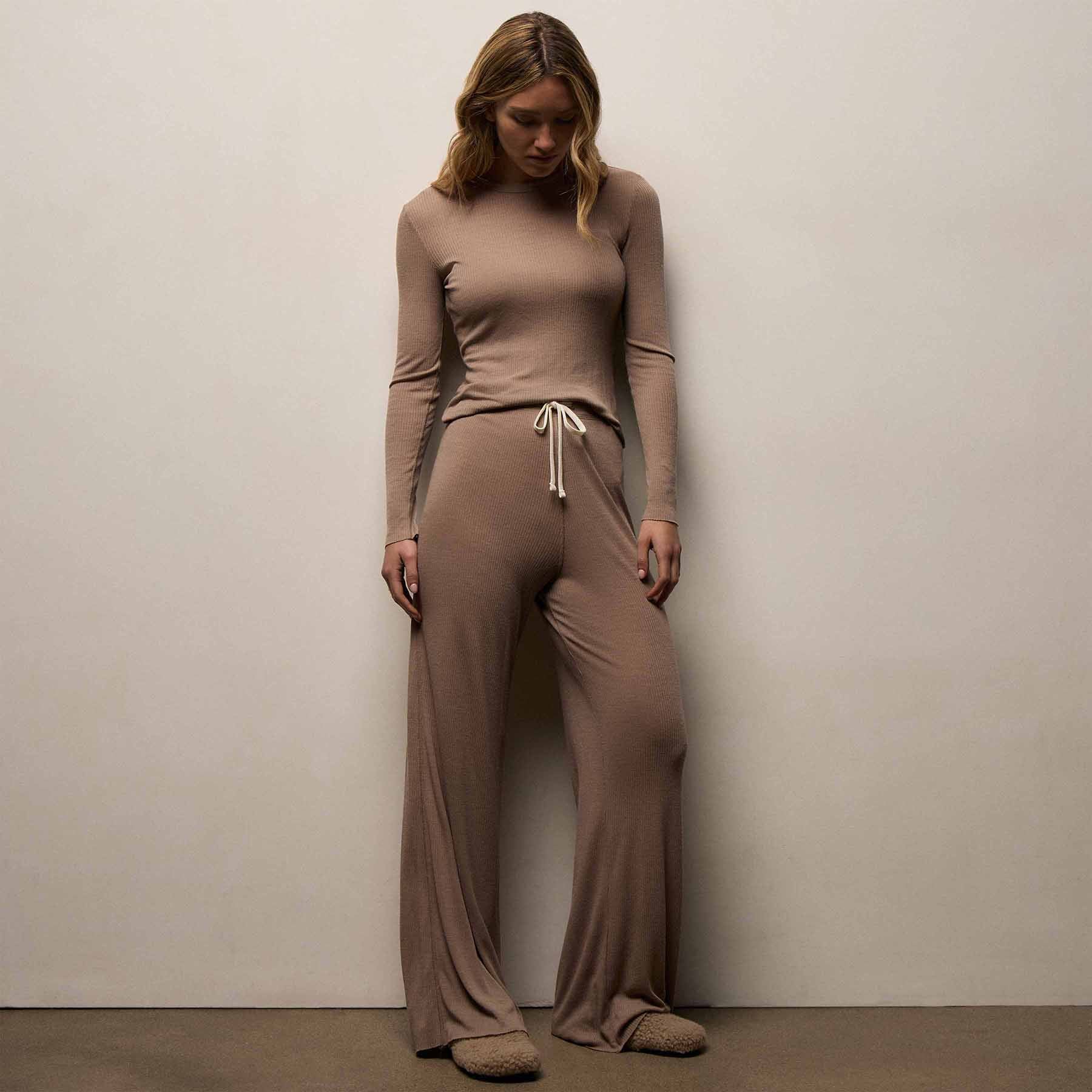 Wool Rib Long Sleeve Lounge Tee - Coffee