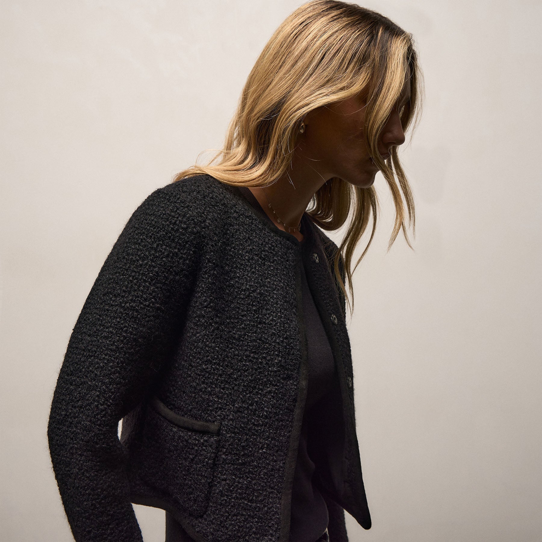 Wool Boucle Button Front Jacket - Black