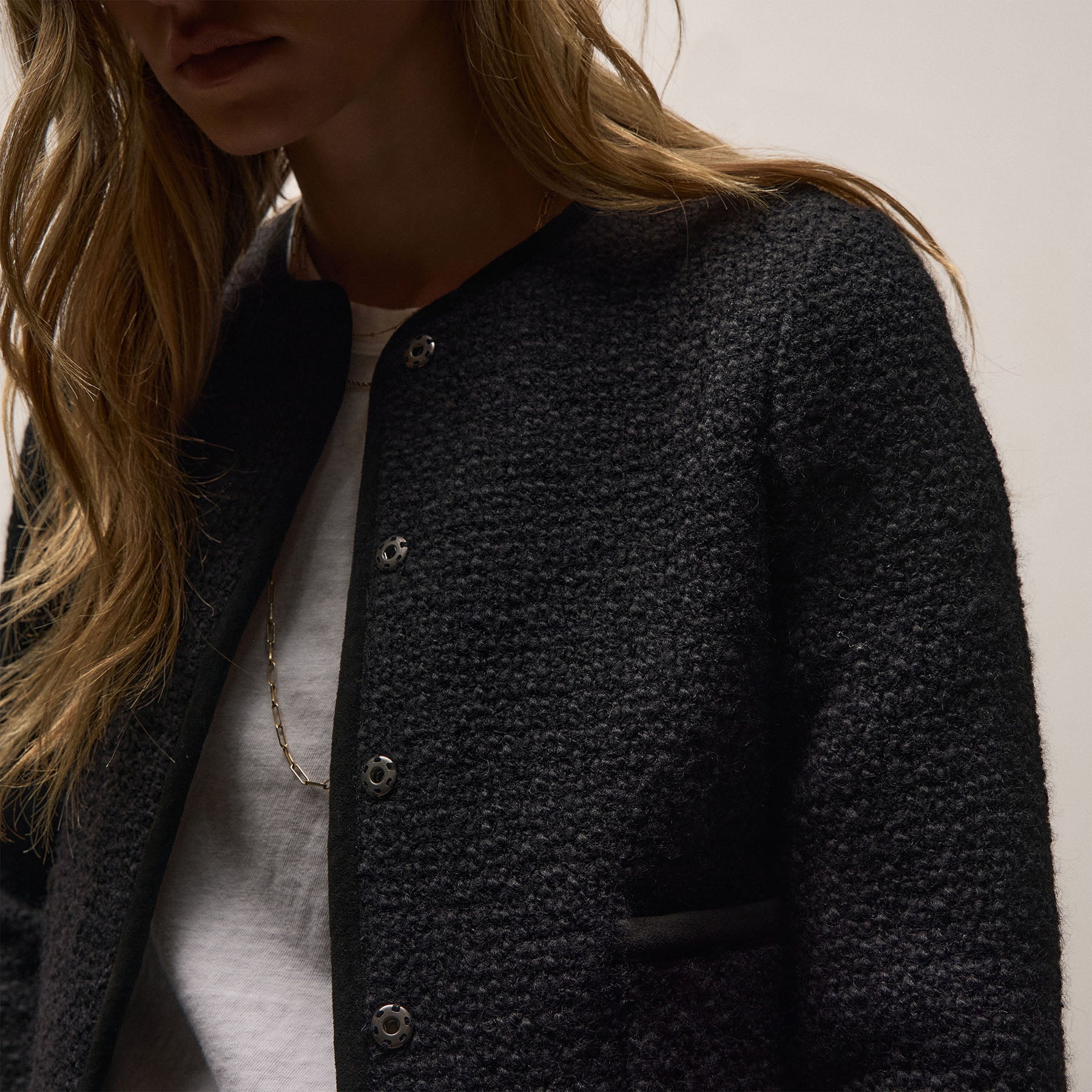 Wool Boucle Button Front Jacket - Black