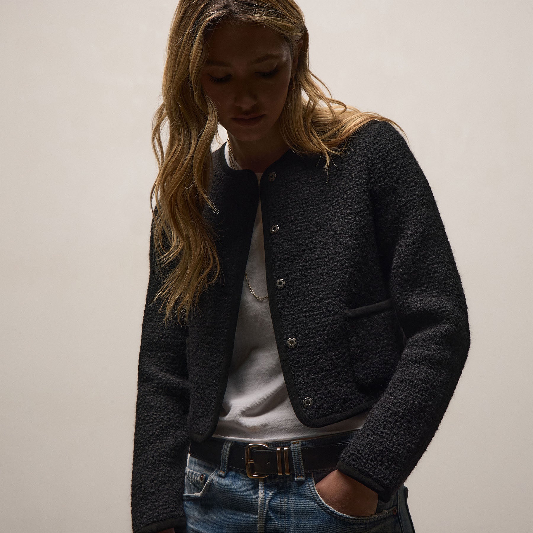 Wool Boucle Button Front Jacket - Black