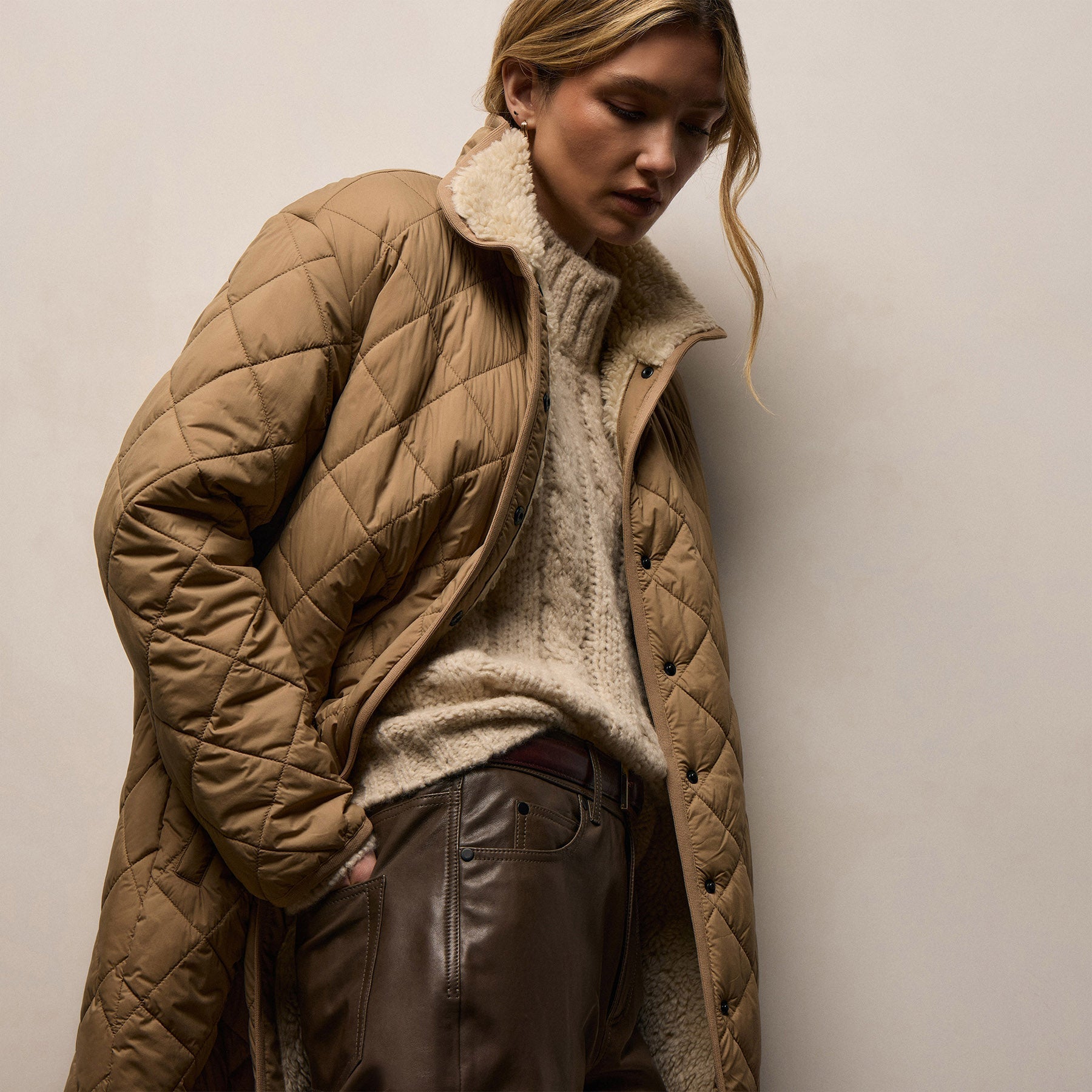 Quilted Nylon Lined Long Coat - Toffee/Ivory