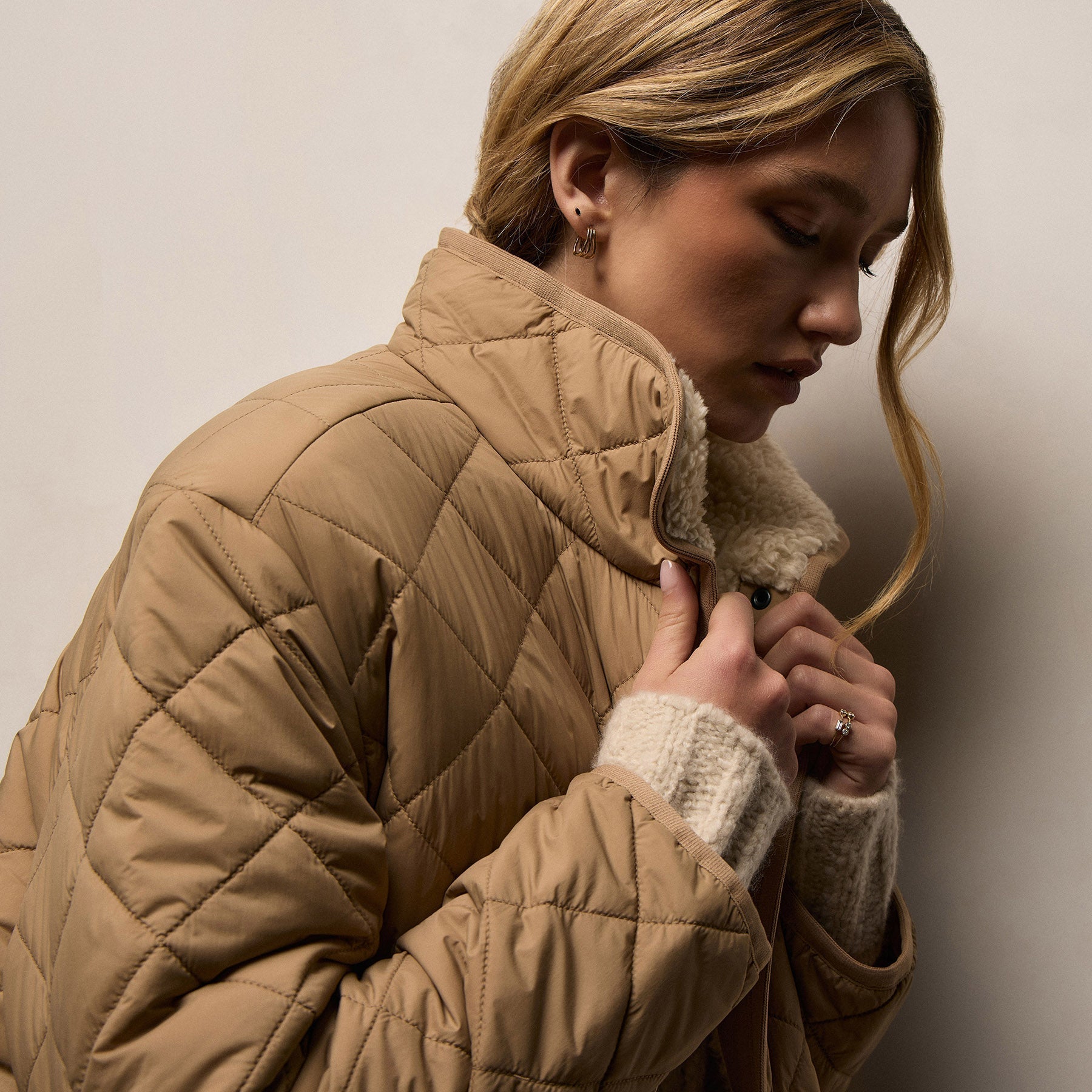 Quilted Nylon Lined Long Coat - Toffee/Ivory