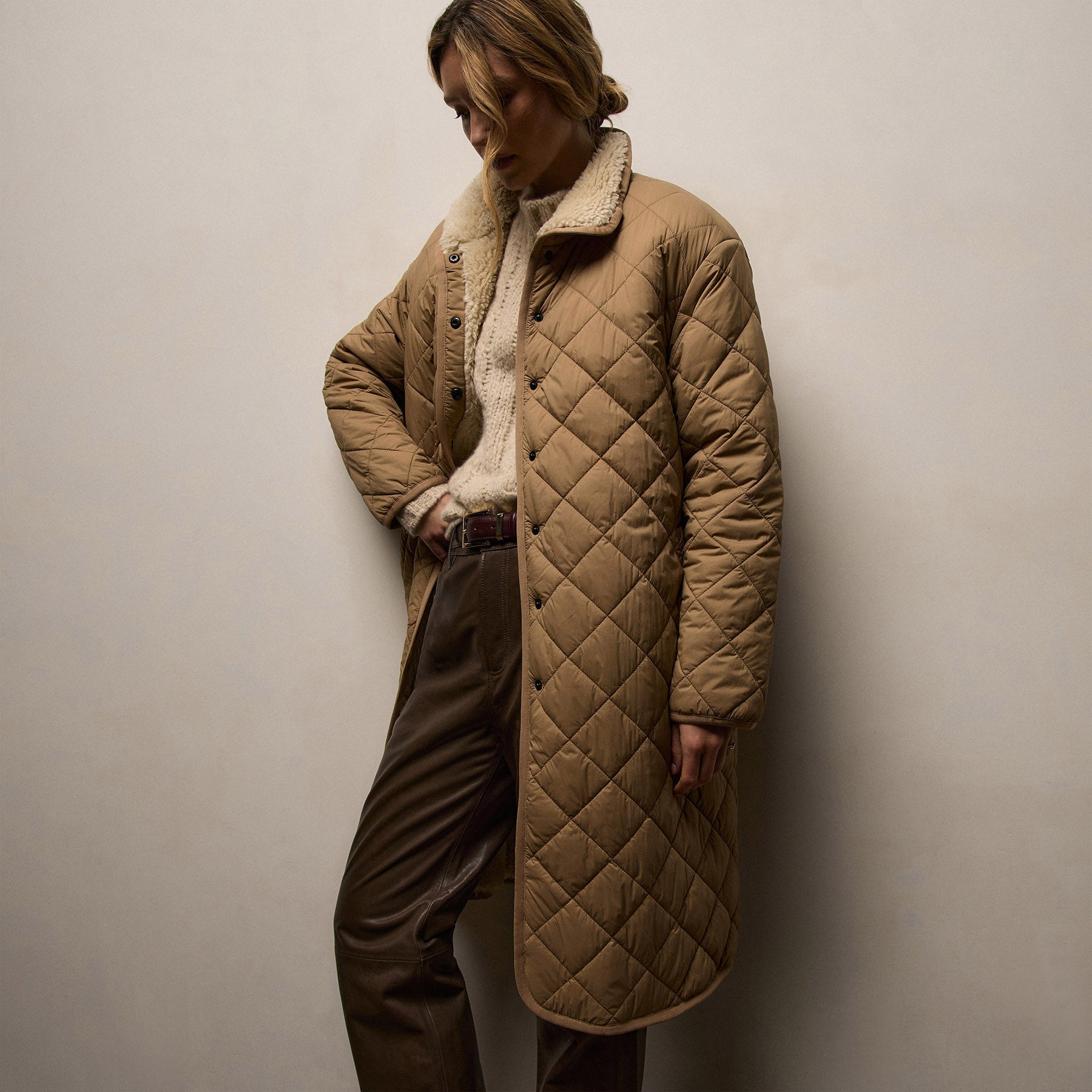 Quilted Nylon Lined Long Coat - Toffee/Ivory