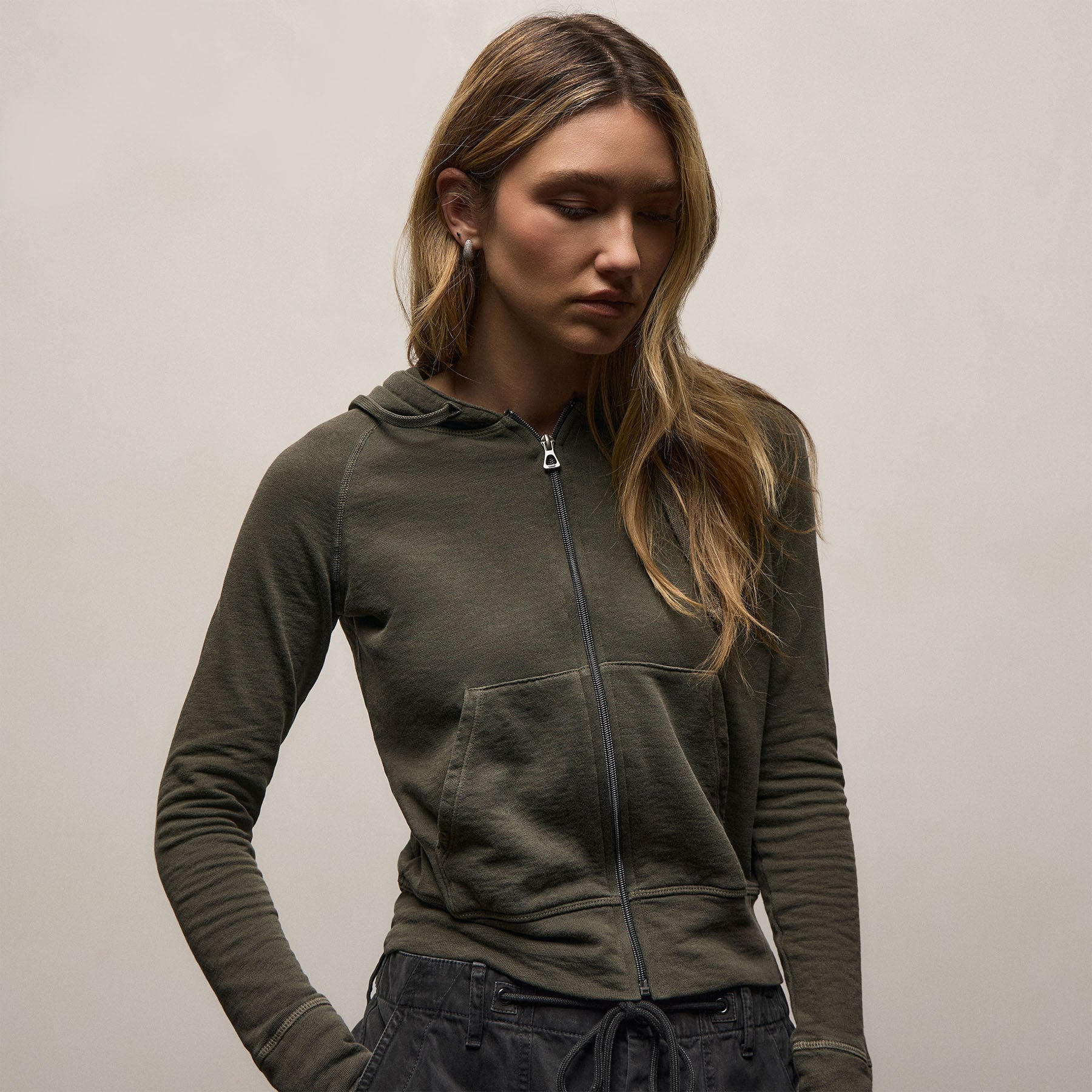 Vintage French Terry Zip Up Hoodie - Army Green Pigment