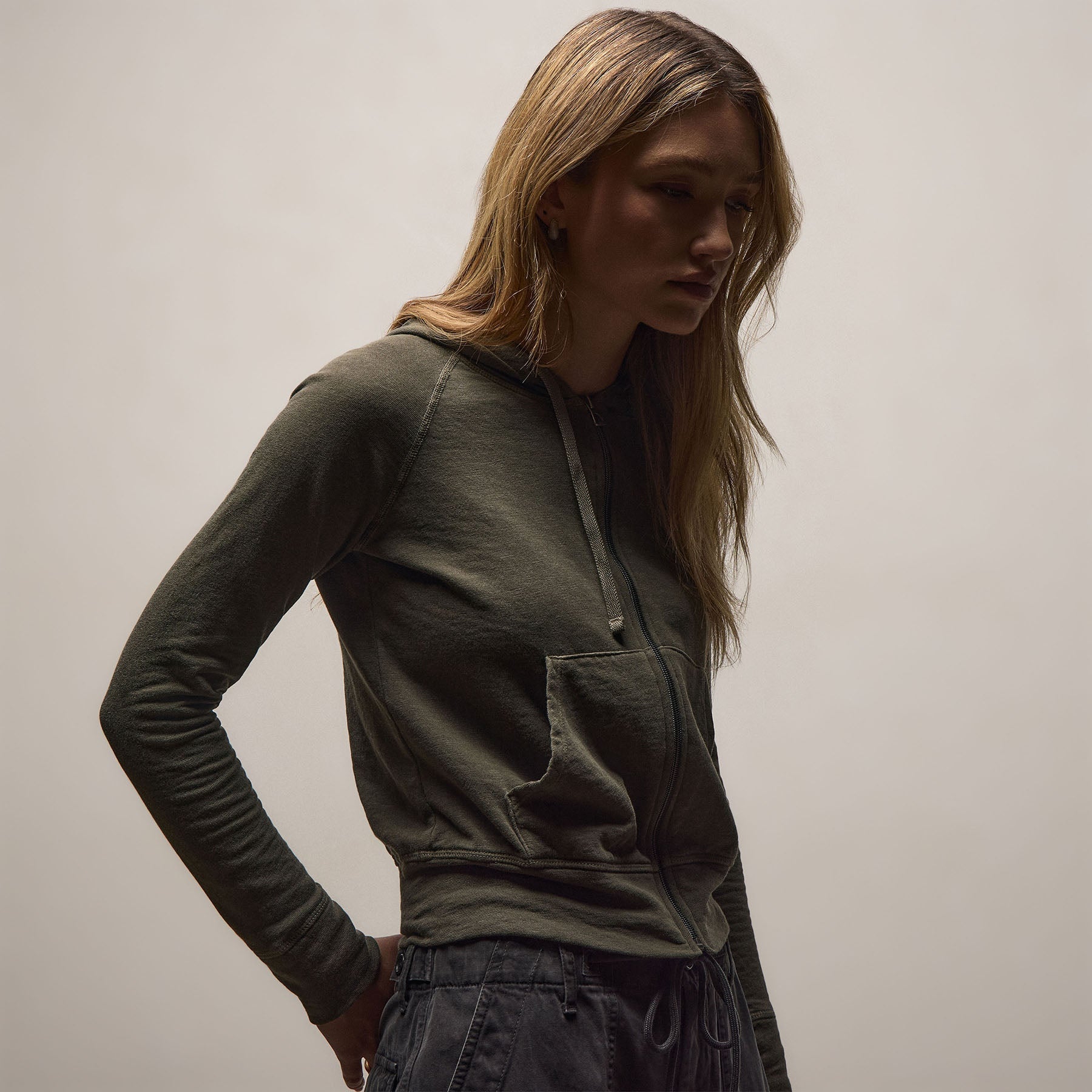 Vintage French Terry Zip Up Hoodie - Army Green Pigment